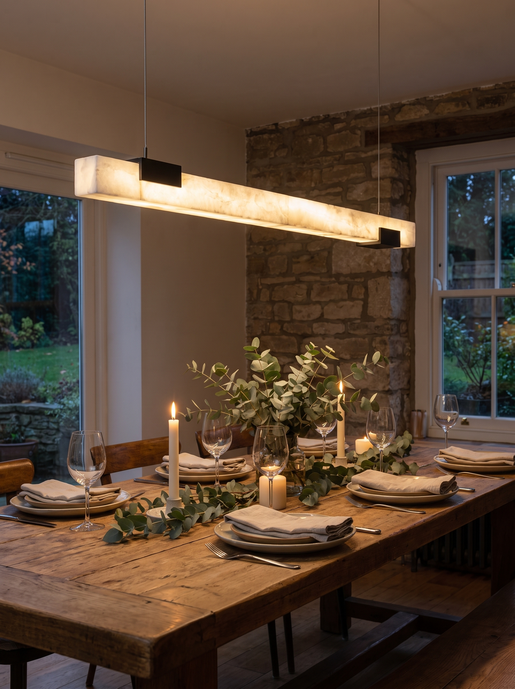 SPAN alabaster pendant over a long dining table