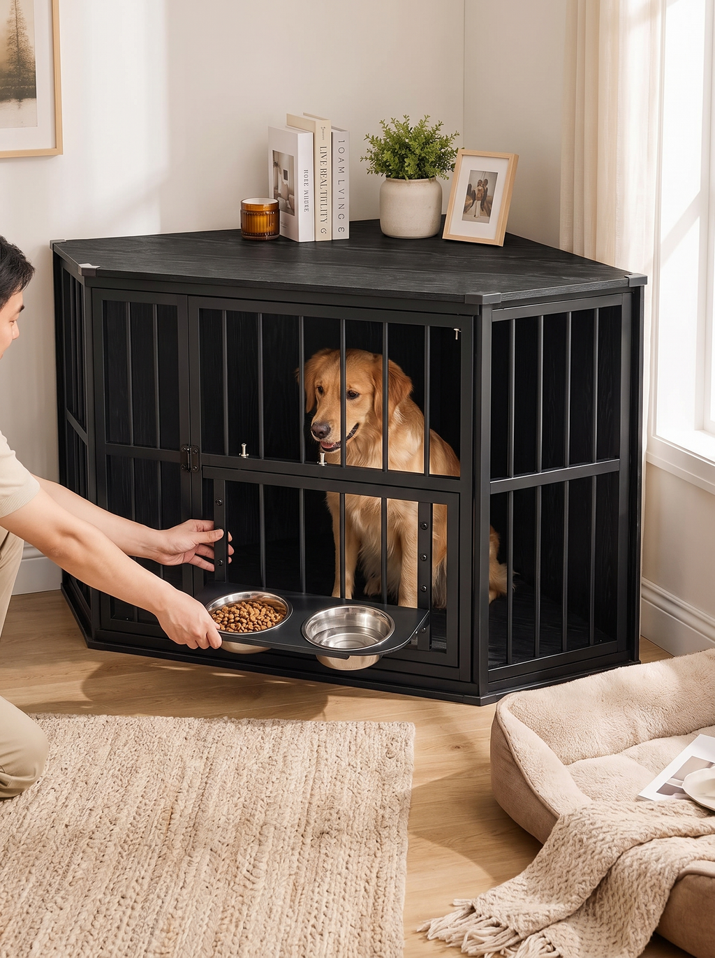 Hand using the rotating feeding door on a corner dog crate
