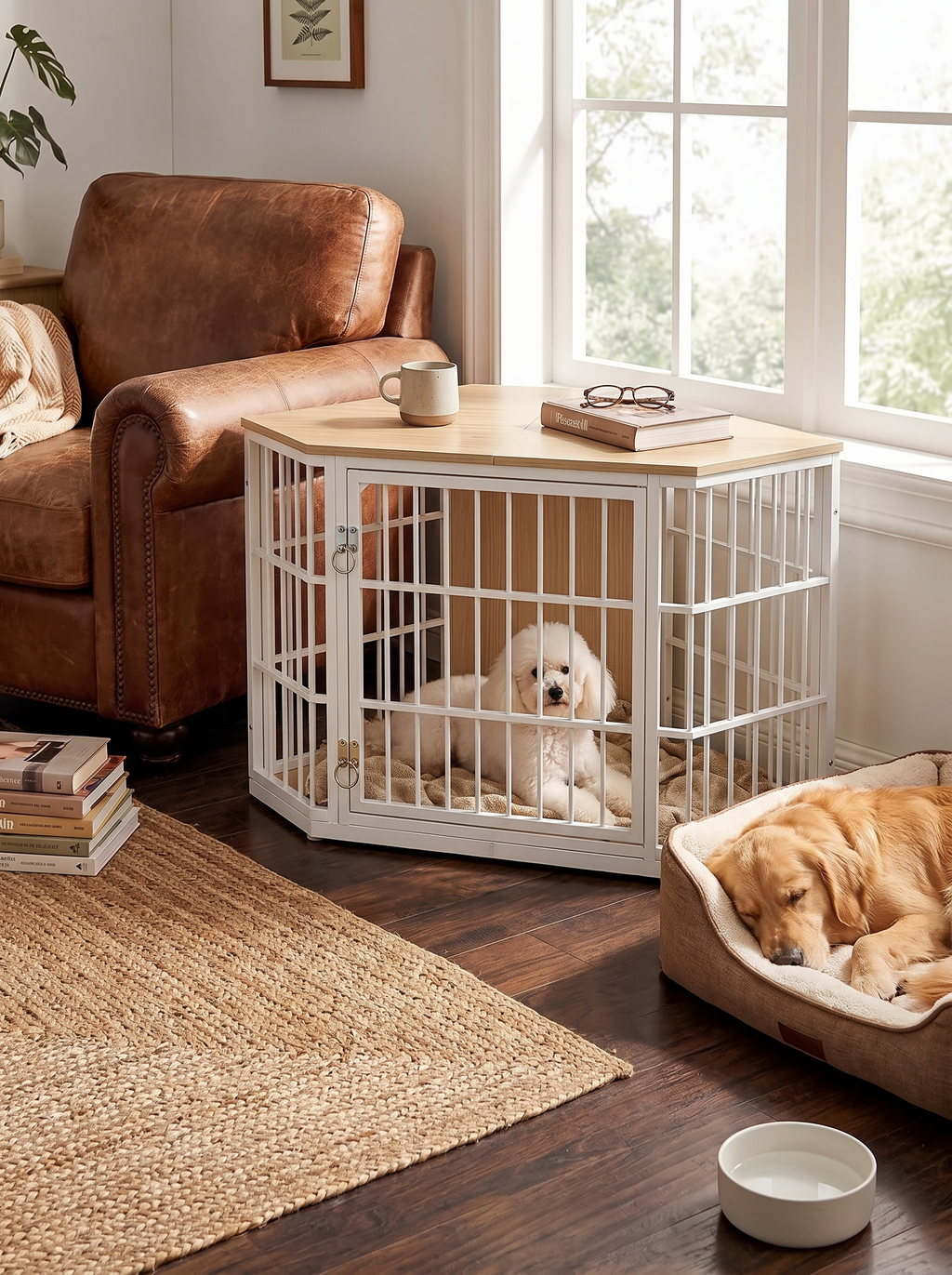 Large dog lying stretched out inside a wooden crate console