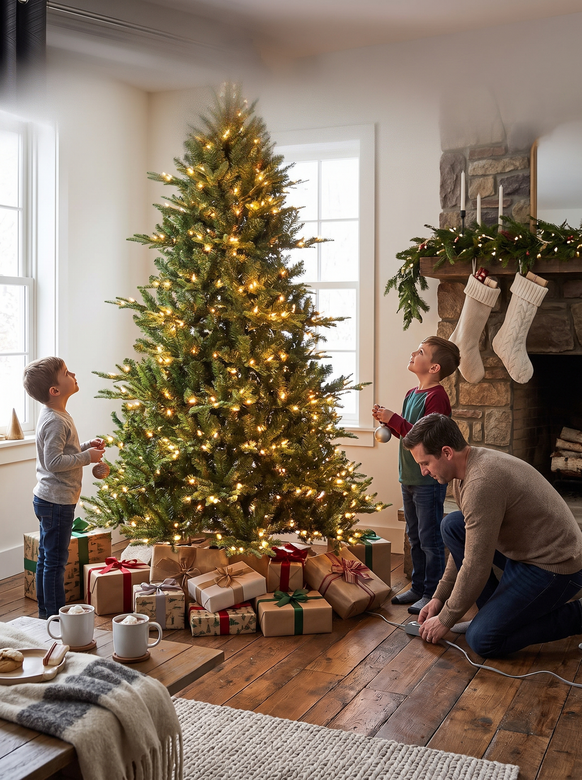 Pre lit Christmas tree glowing with warm white lights in a living room