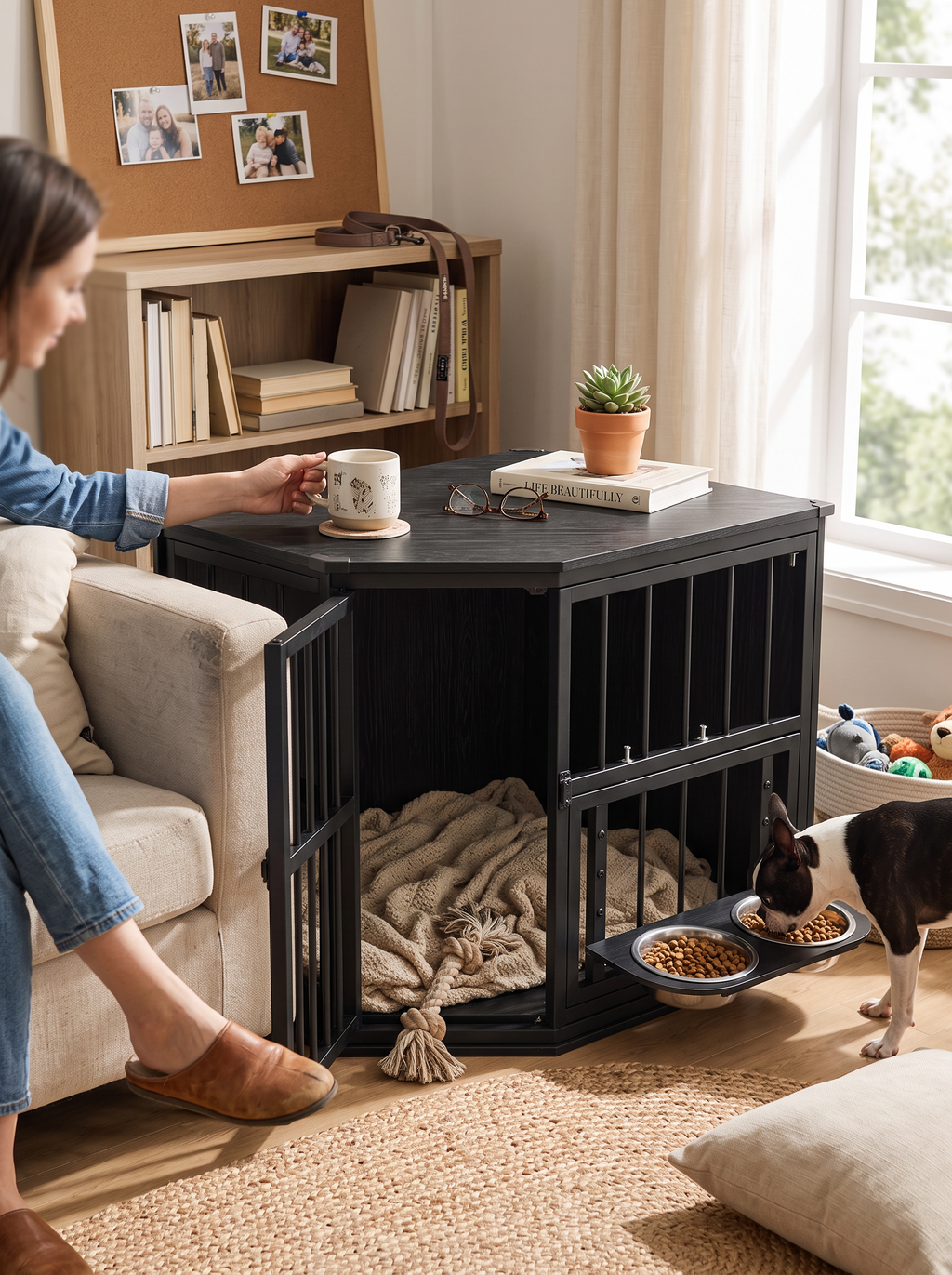 Corner dog crate serving as an end table beside a chair