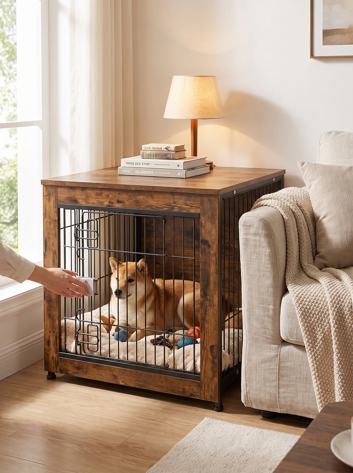 Wooden dog crate side table used as a den in a living room