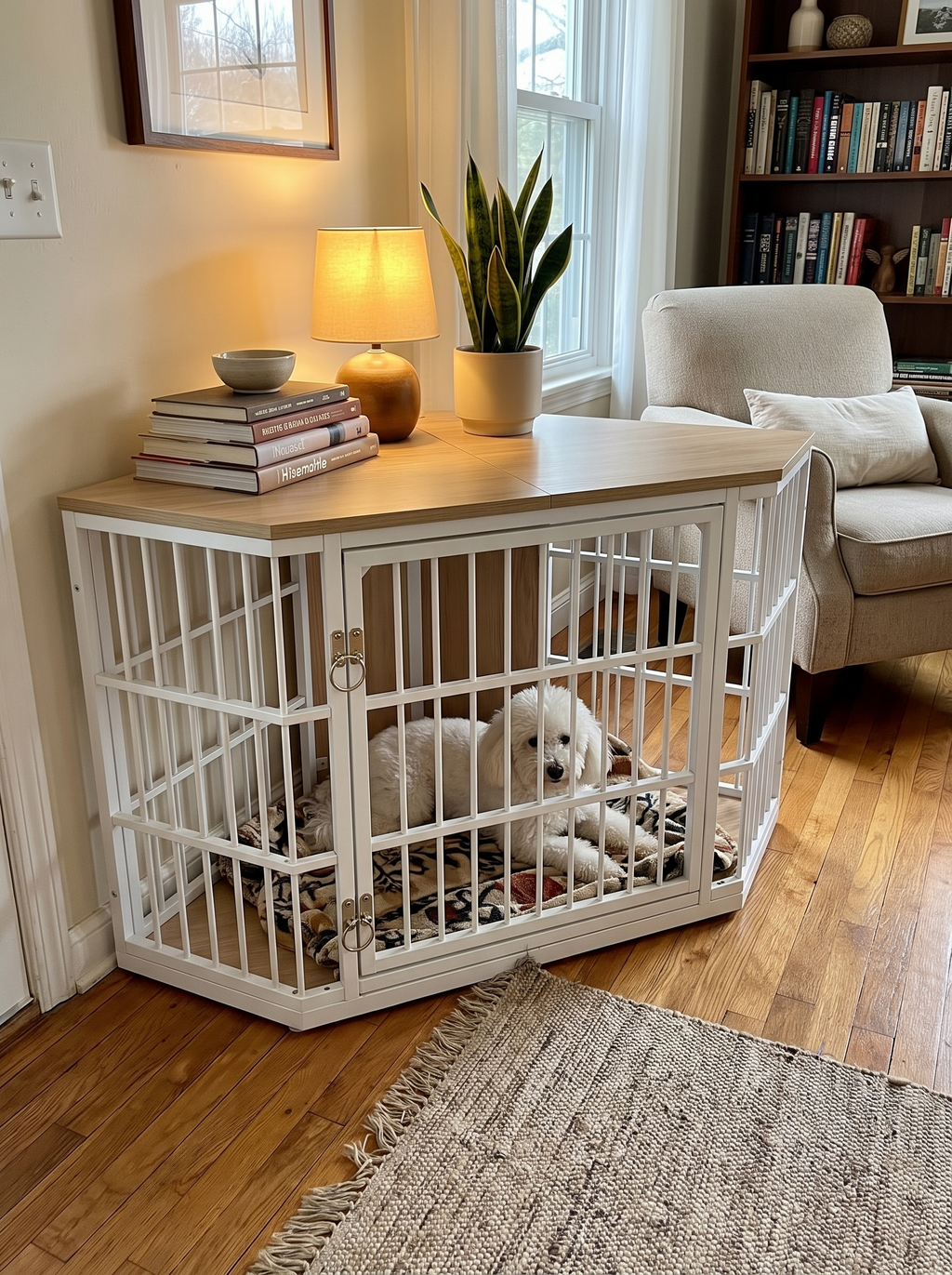 52 inch dog crate console against a living room wall