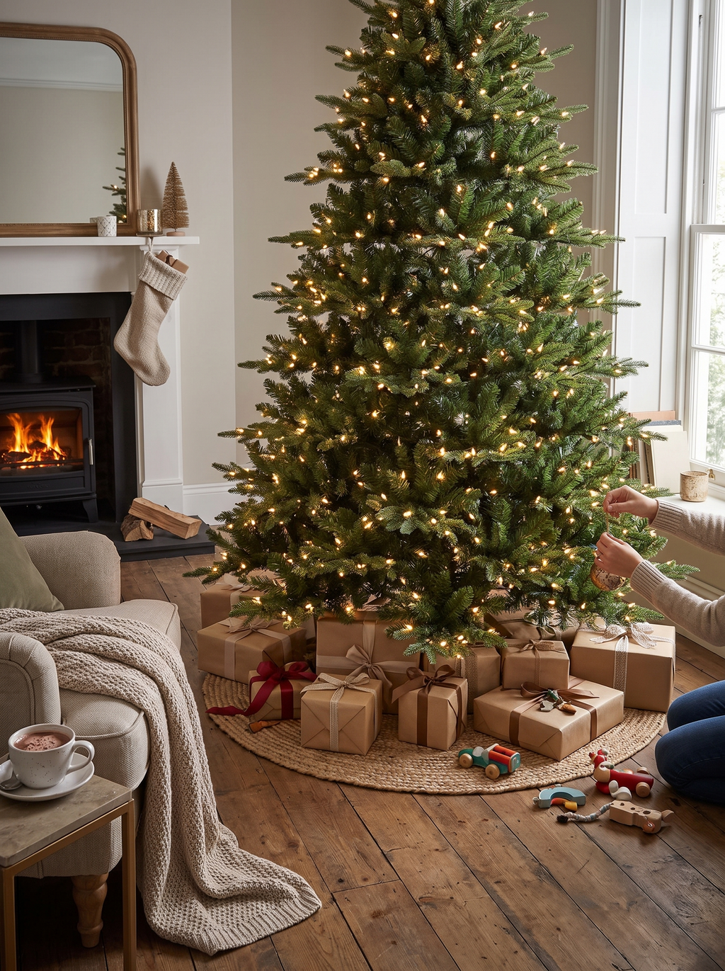 Full shape artificial Christmas tree standing floor to tip