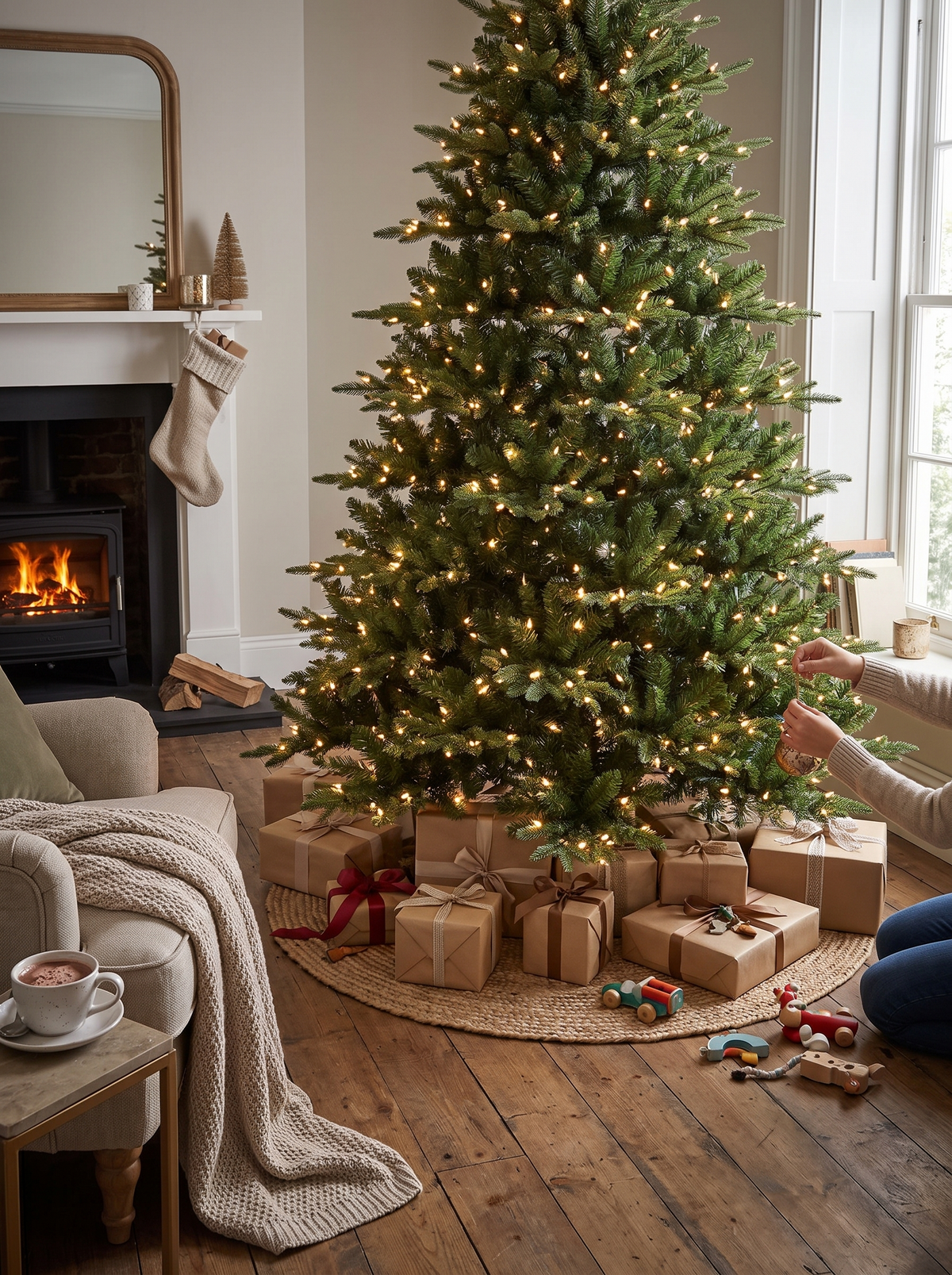 Full shape artificial Christmas tree standing floor to tip