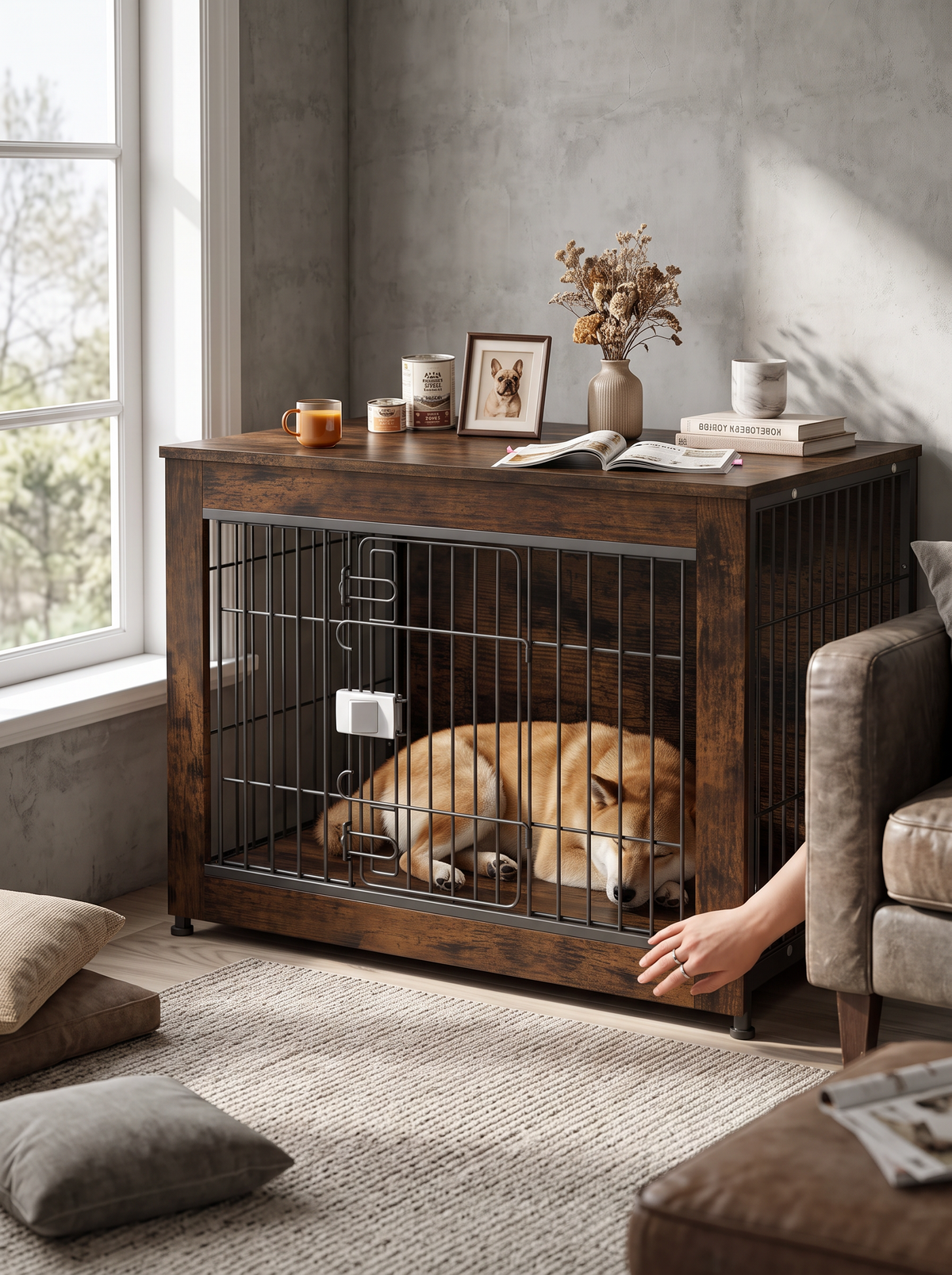 Medium dog settled inside a wooden crate side table