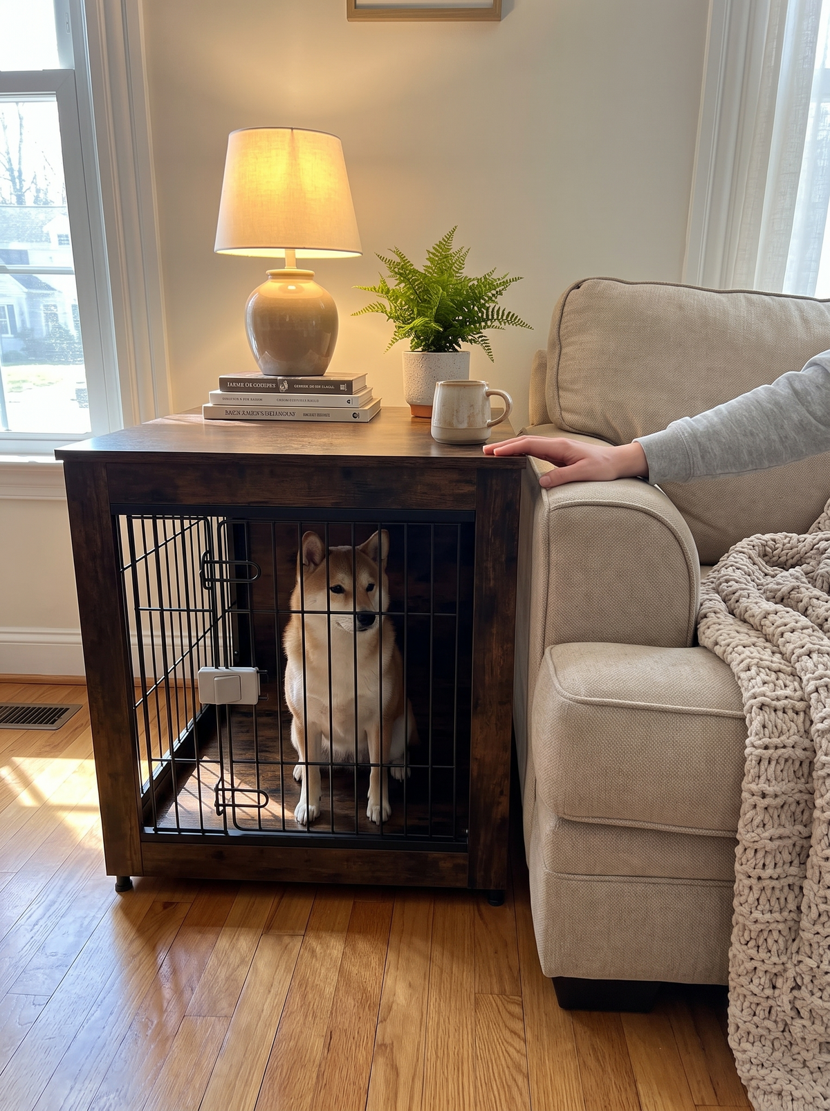 Dog crate side table holding a lamp and books