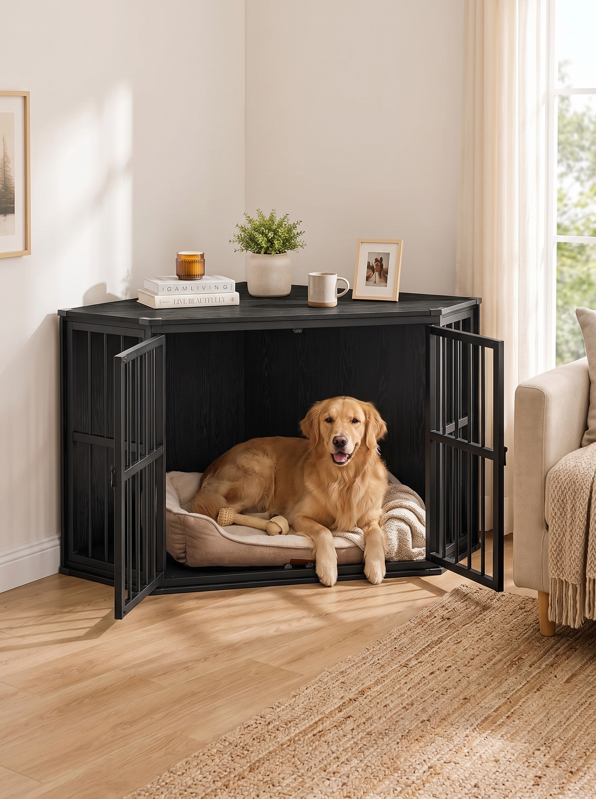 Corner dog crate end table tucked into a room corner