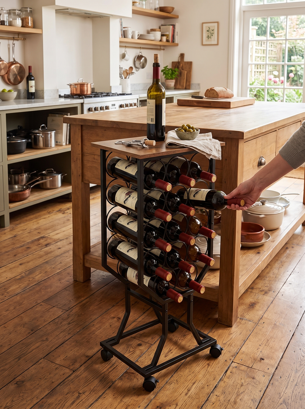 Twelve bottles cradled in a wine rack