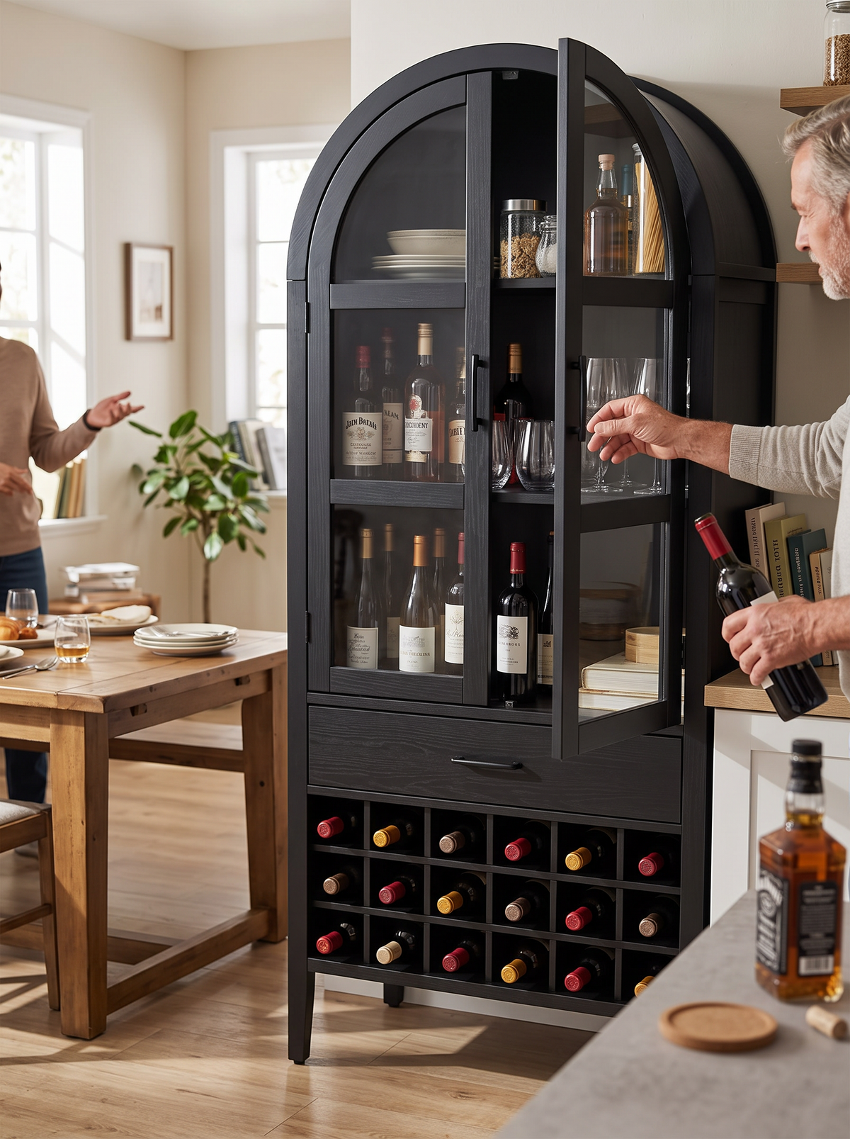 Bottles and glassware arranged on cabinet shelves