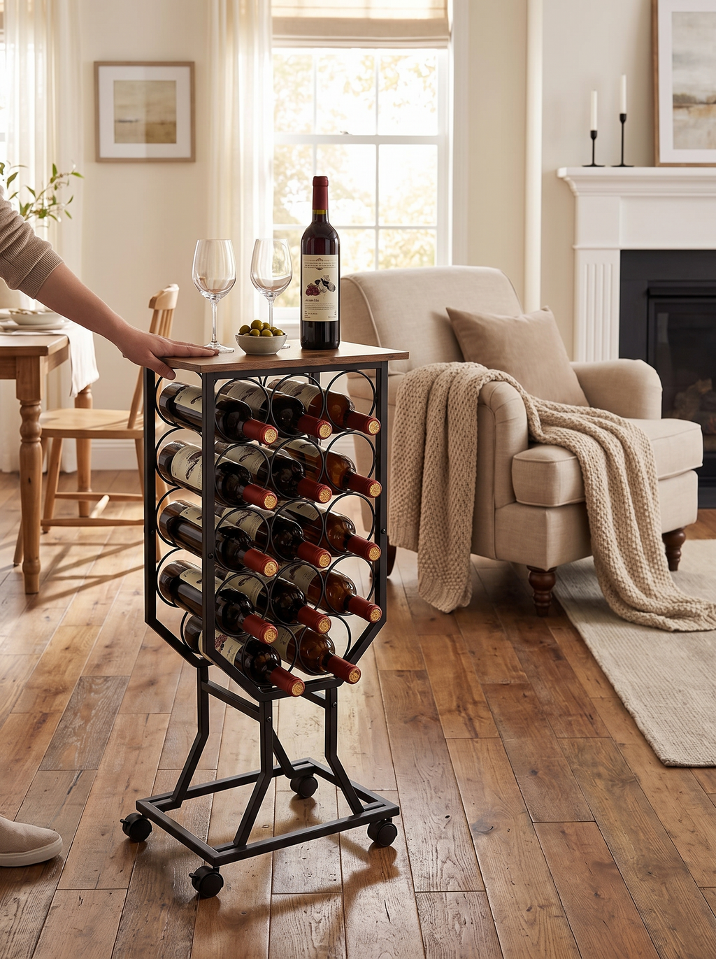 Wine rack on castors rolling across a room