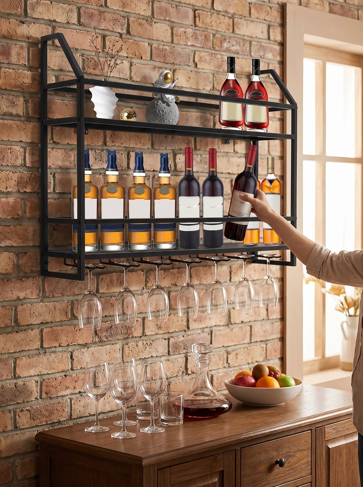 Wall wine rack with bottles and glasses