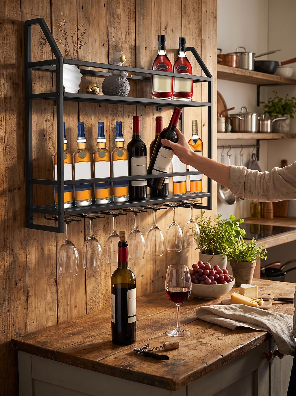 Twelve bottles and seven goblets on a wall rack