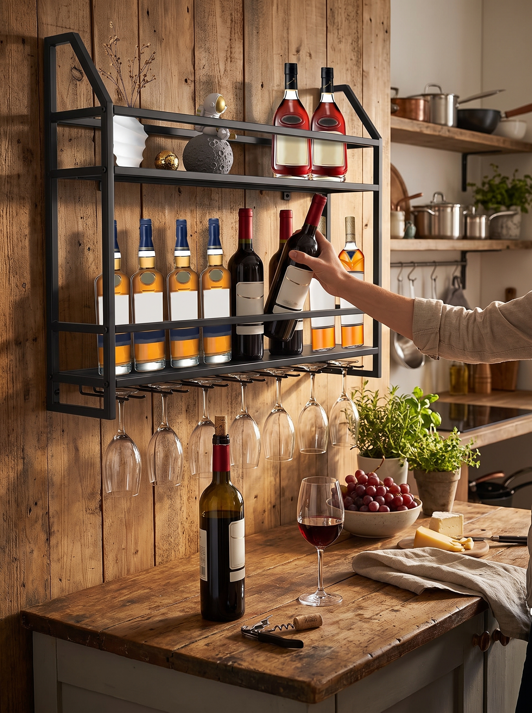 Twelve bottles and seven goblets on a wall rack