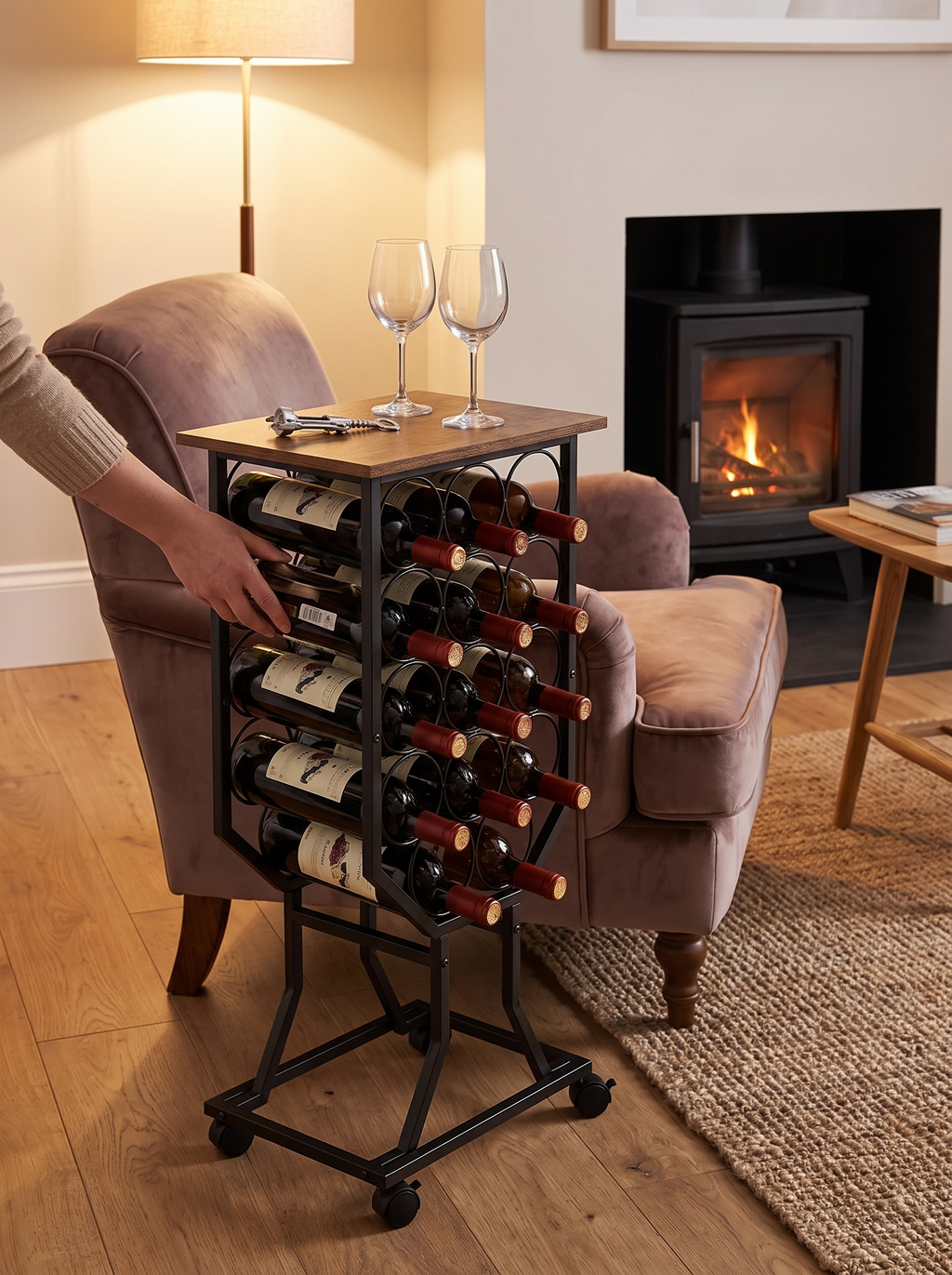 Rolling wine rack beside a dining table