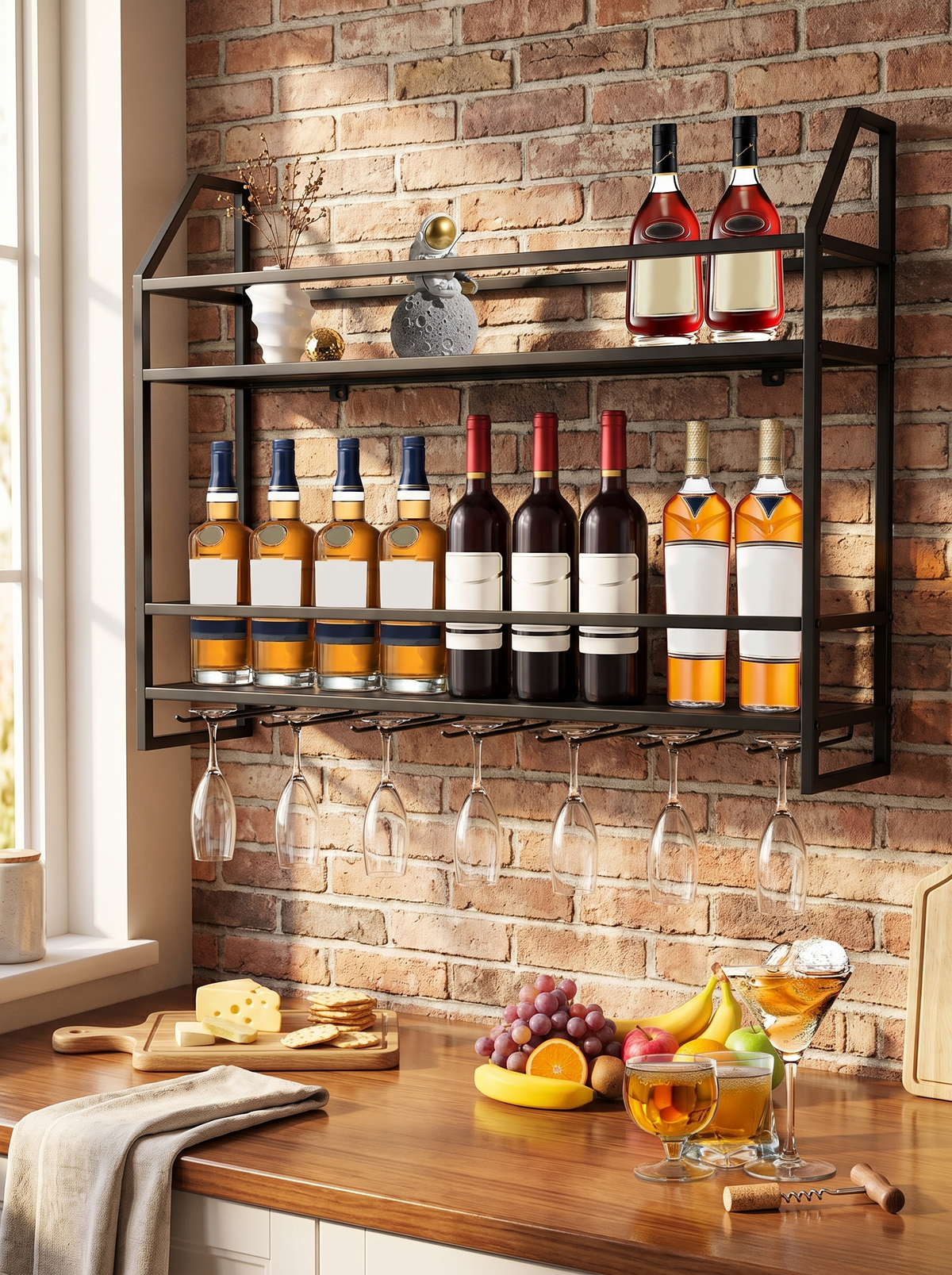 Black steel wall wine rack holding a full load