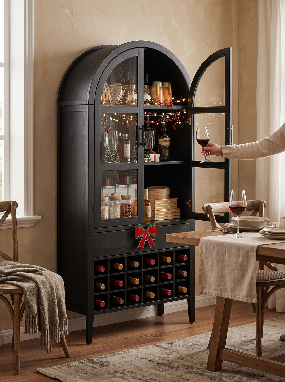 Slim tall arched cabinet against a wall