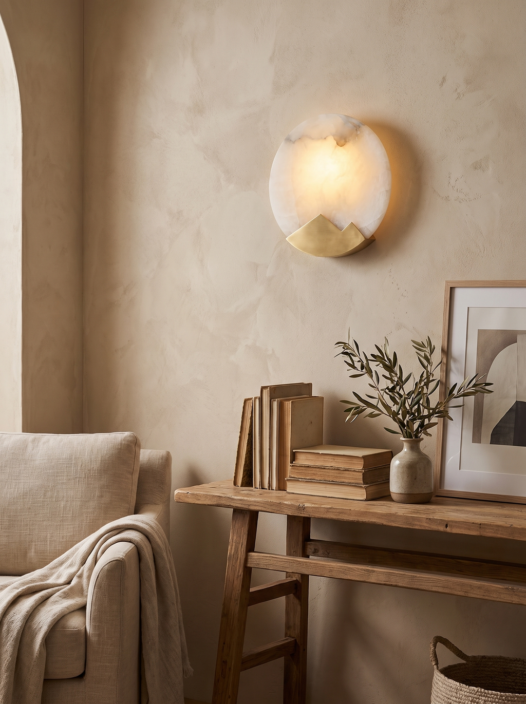 GOODNEST LINEN round wall light seen from below in a living room
