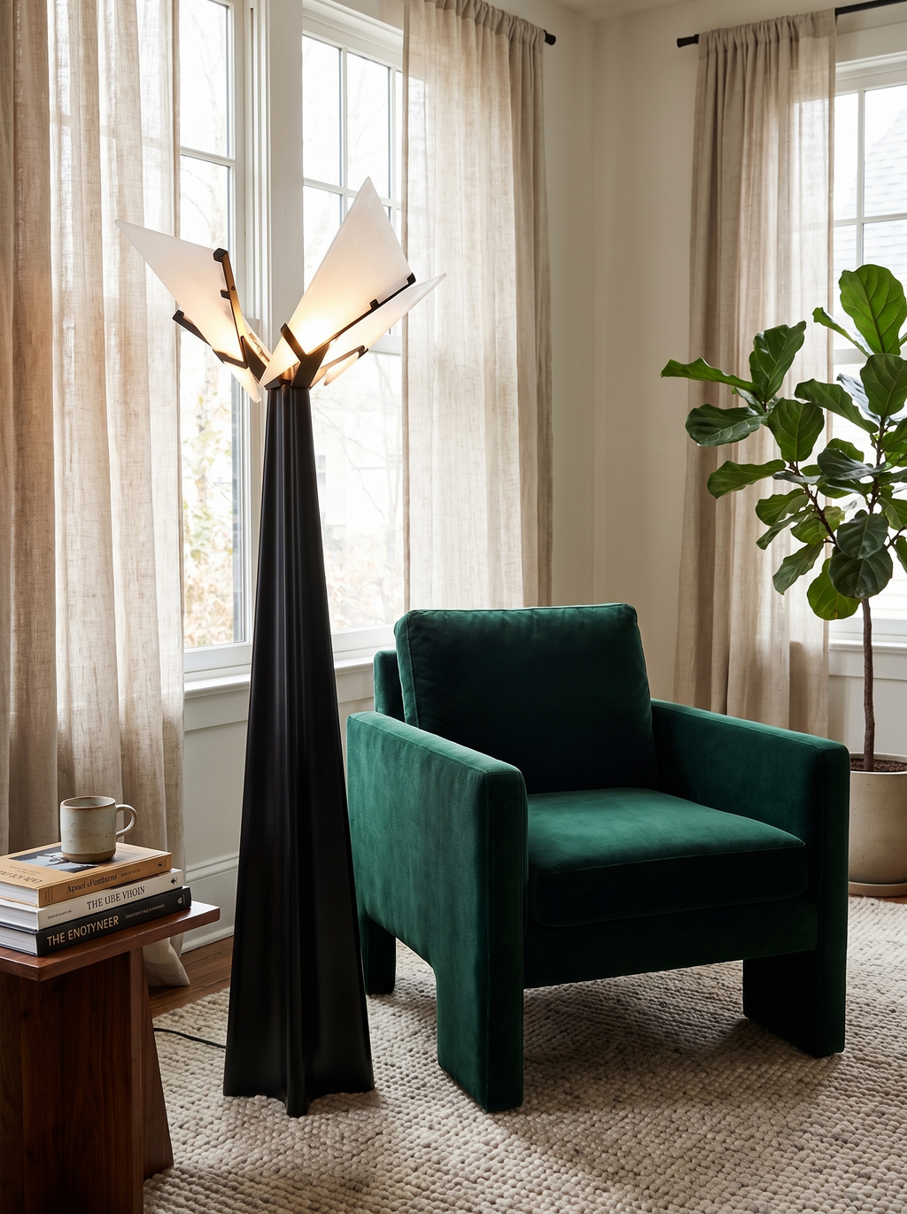 GOODNEST TERRA tall tapered floor lamp in a living room corner