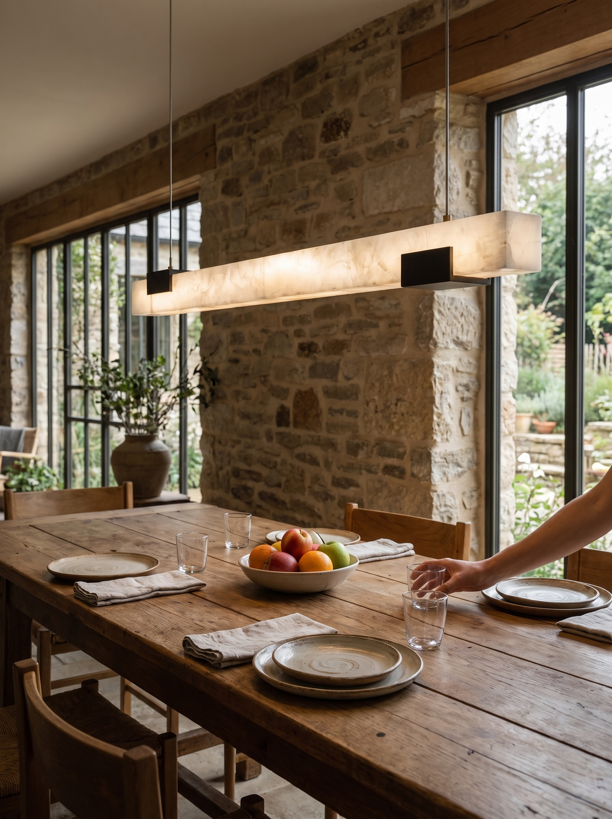 GOODNEST SPAN unbroken alabaster bar over a long dining table