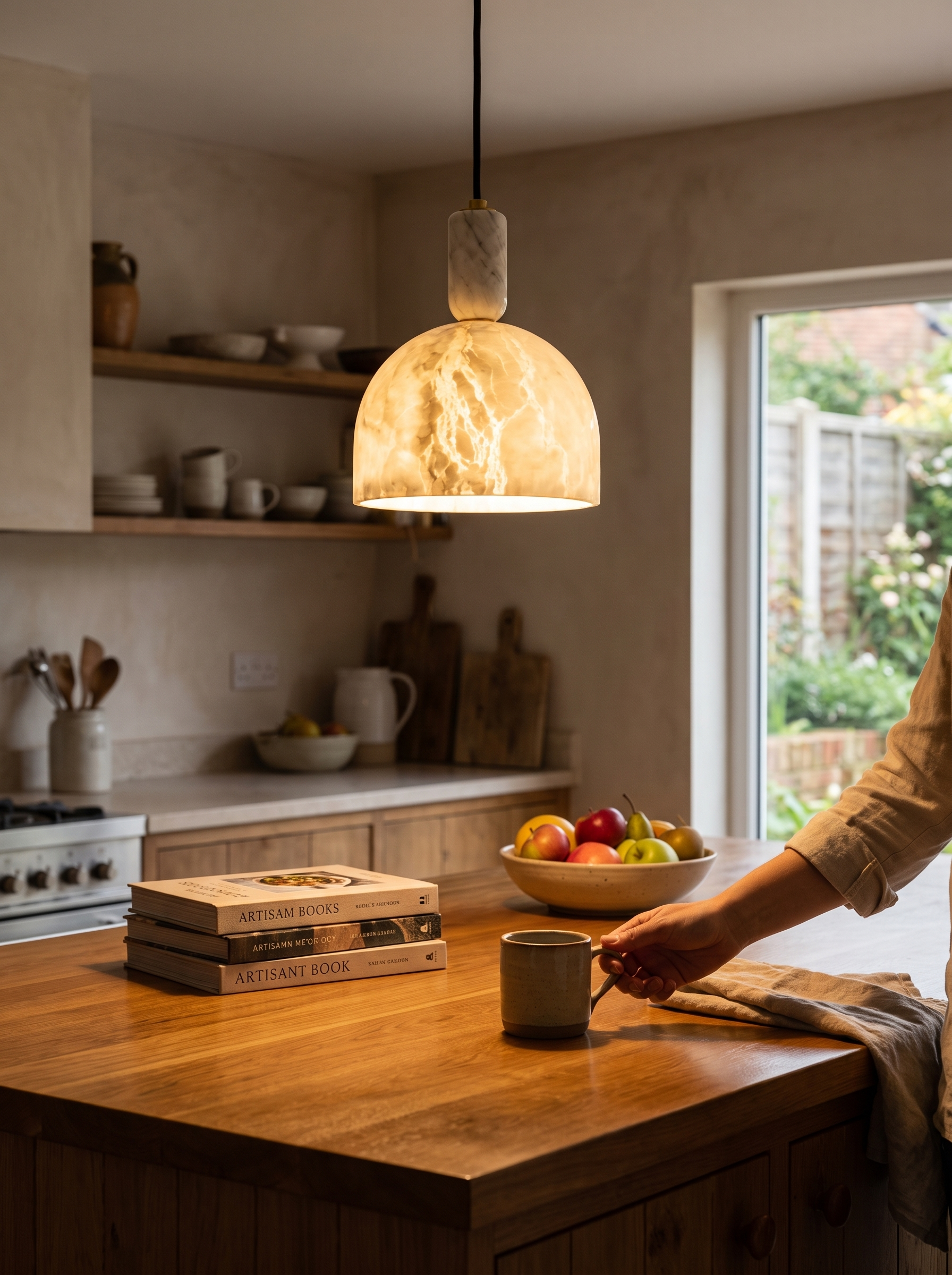 GOODNEST VESSEL alabaster dome pendant over a kitchen island