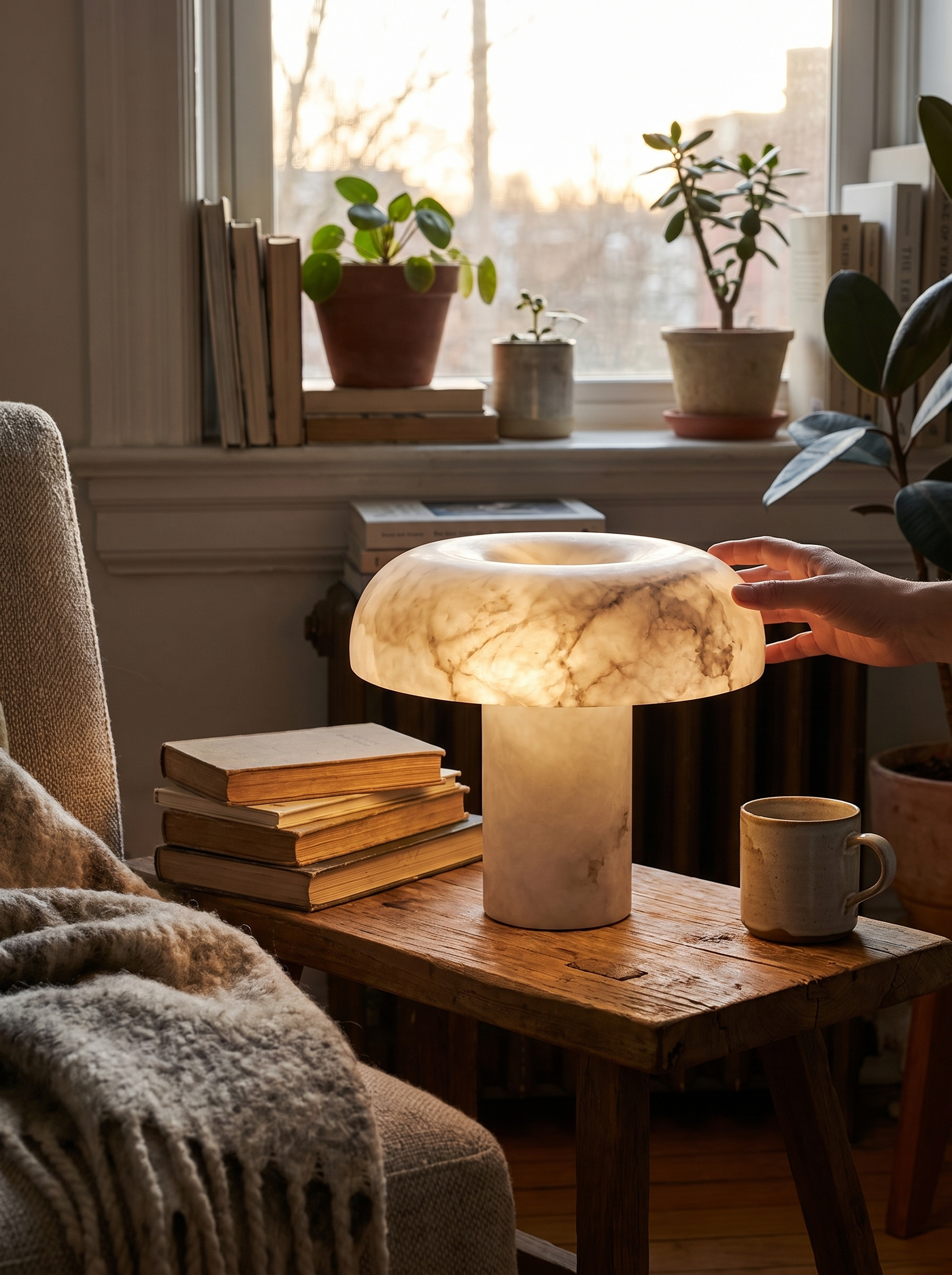 BLOOM alabaster mushroom lamp glowing