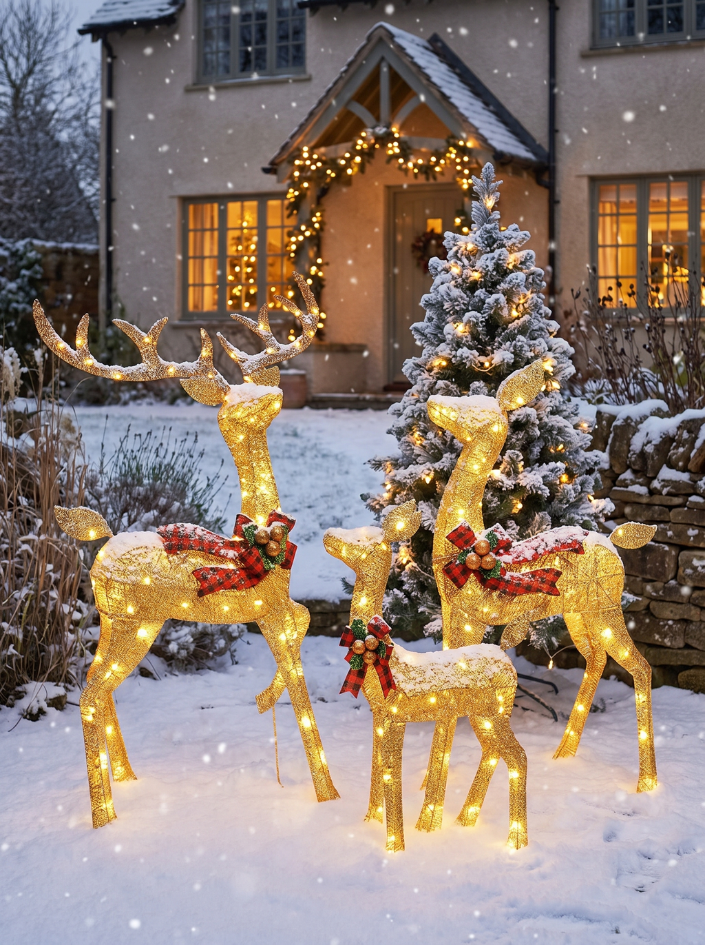 Golden lighted reindeer glowing after dark in a yard