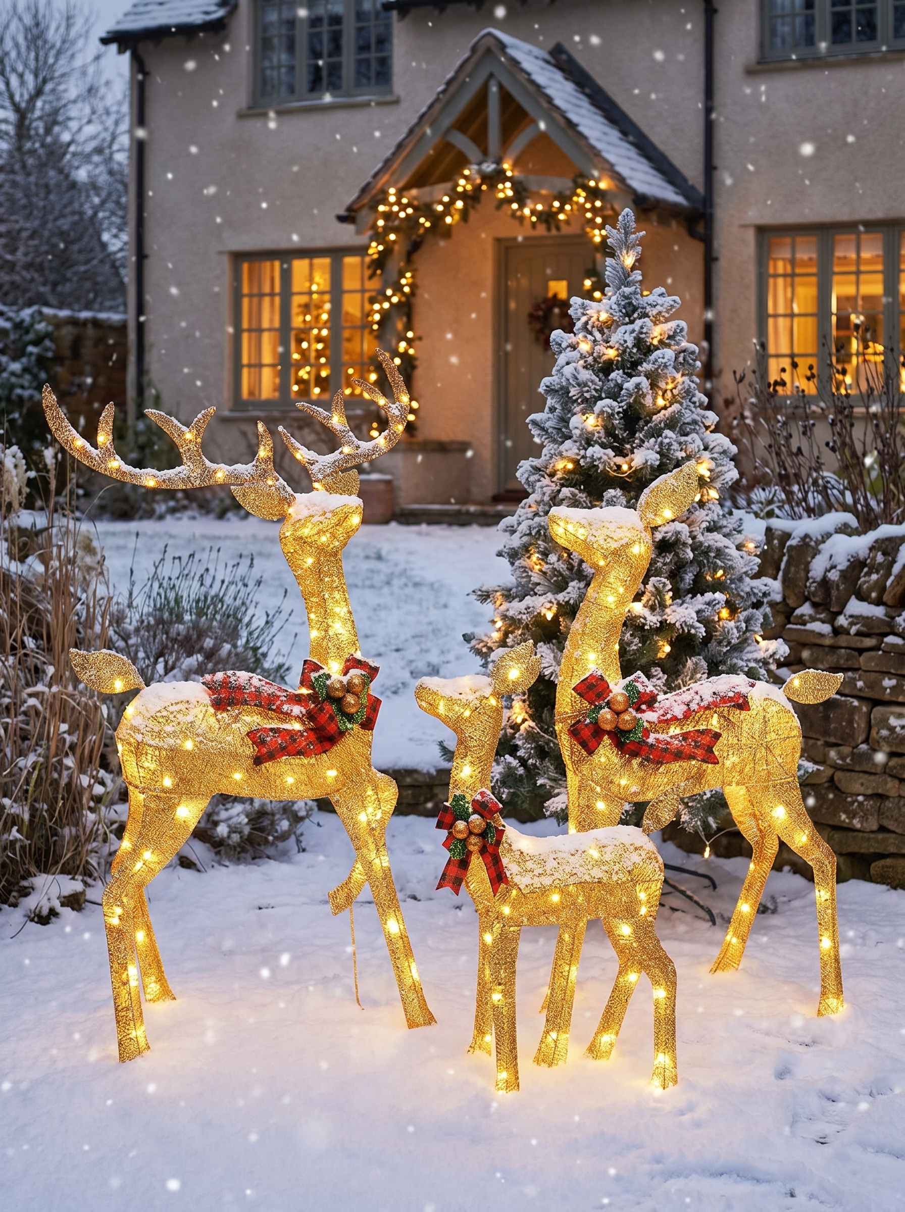 Golden lighted reindeer glowing after dark in a yard