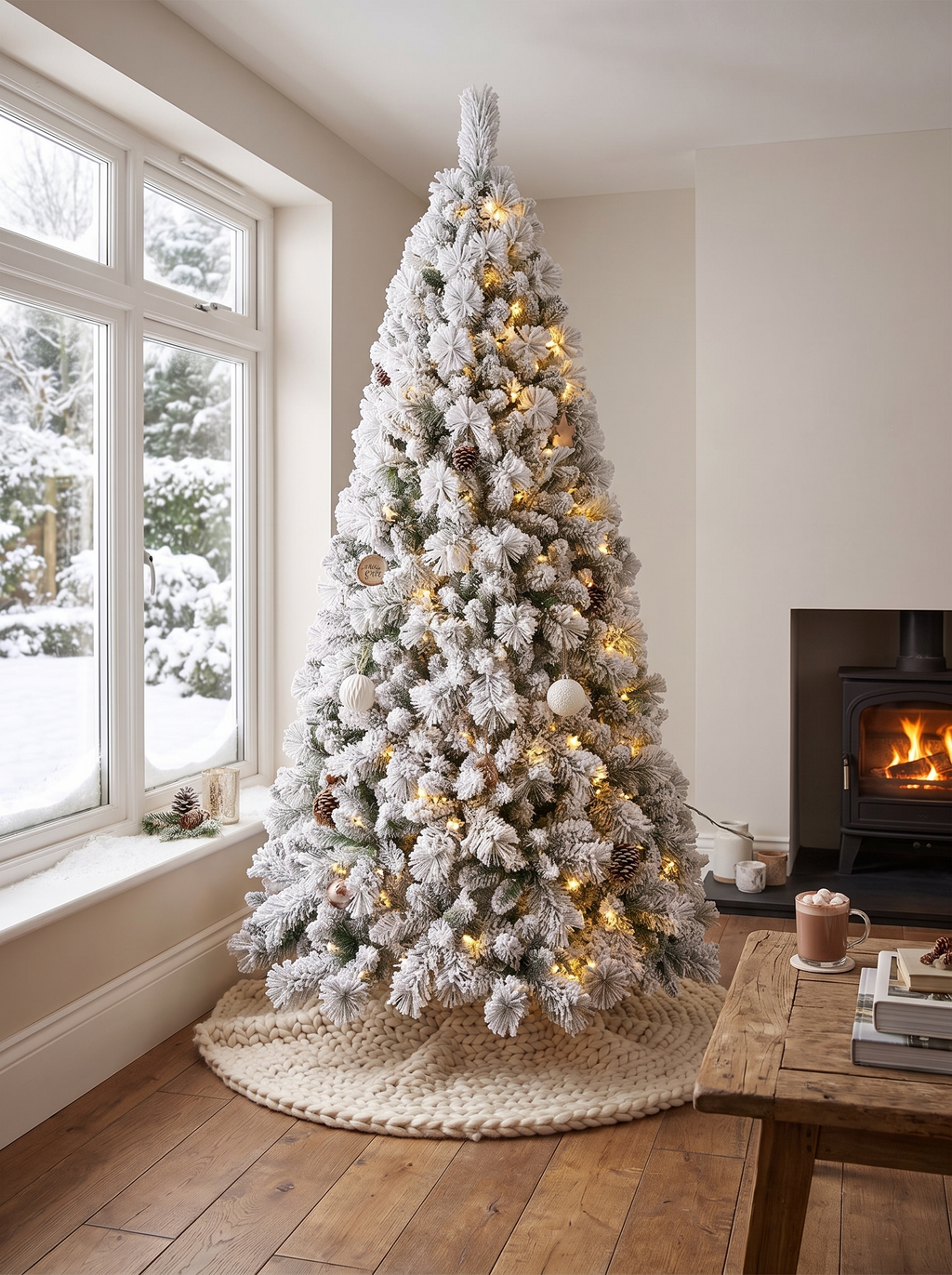 Flocked Christmas tree with snow across every branch