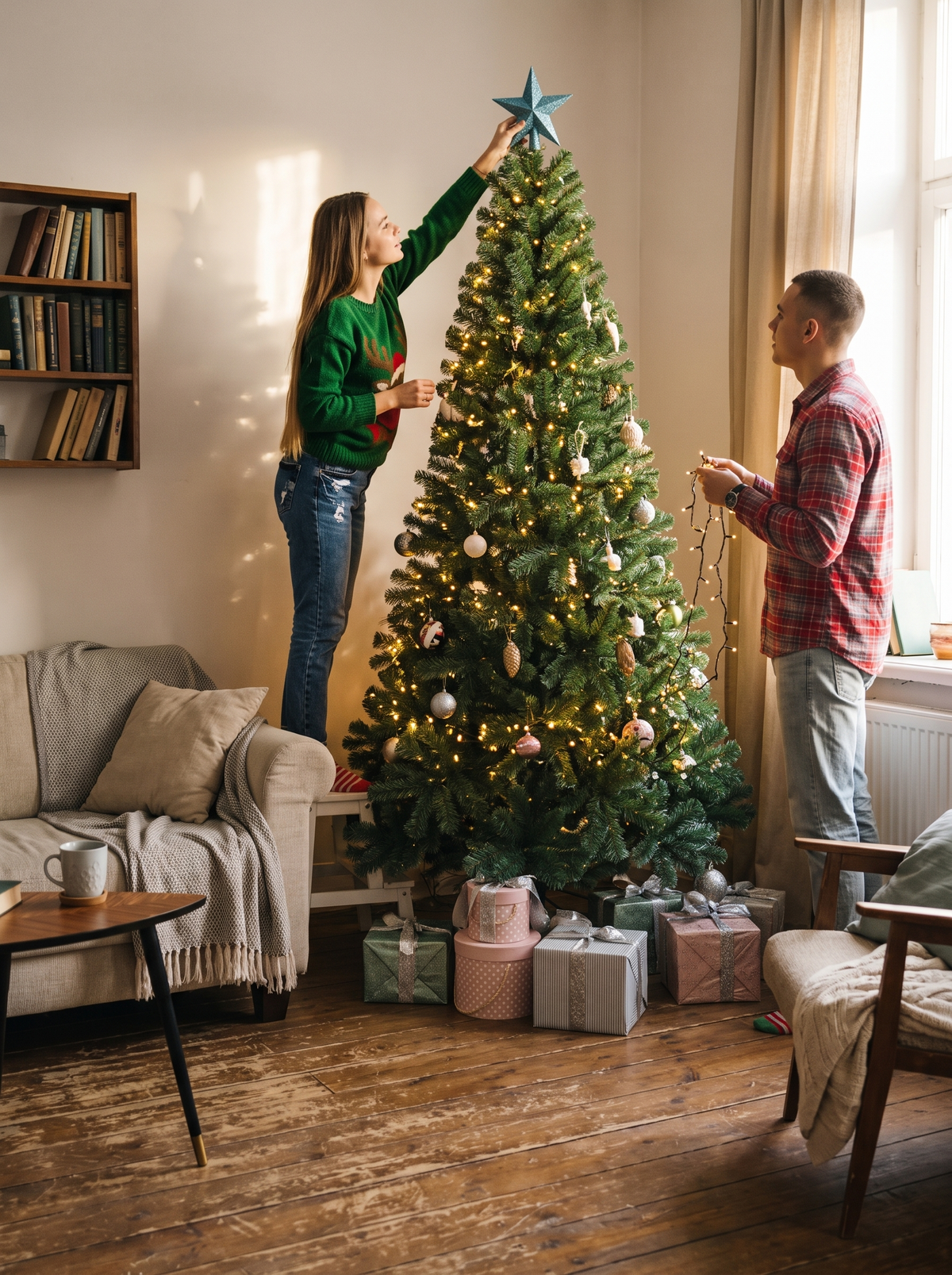6ft Christmas tree standing in a small apartment living room