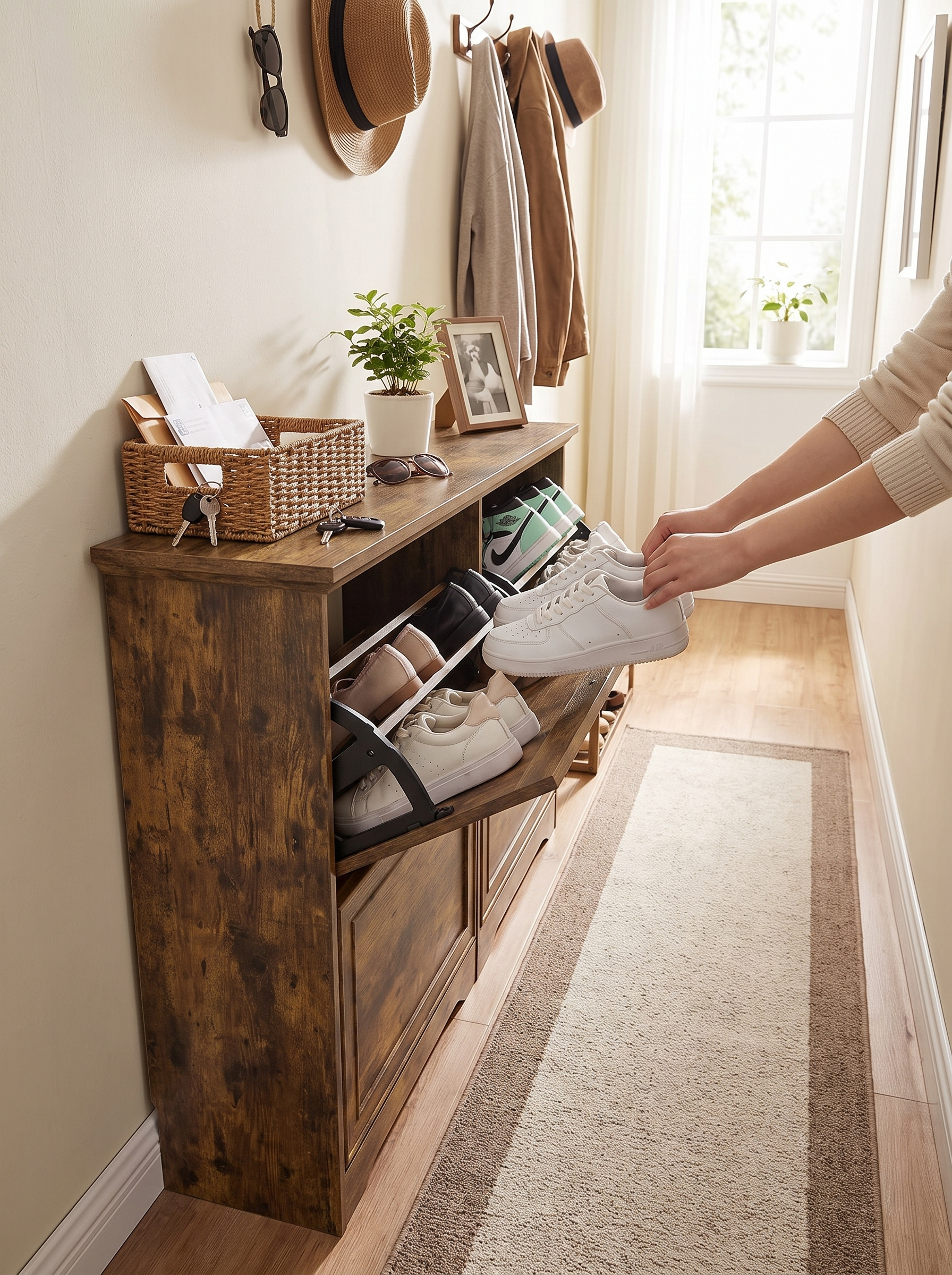 Slim shoe cabinet in a narrow hallway