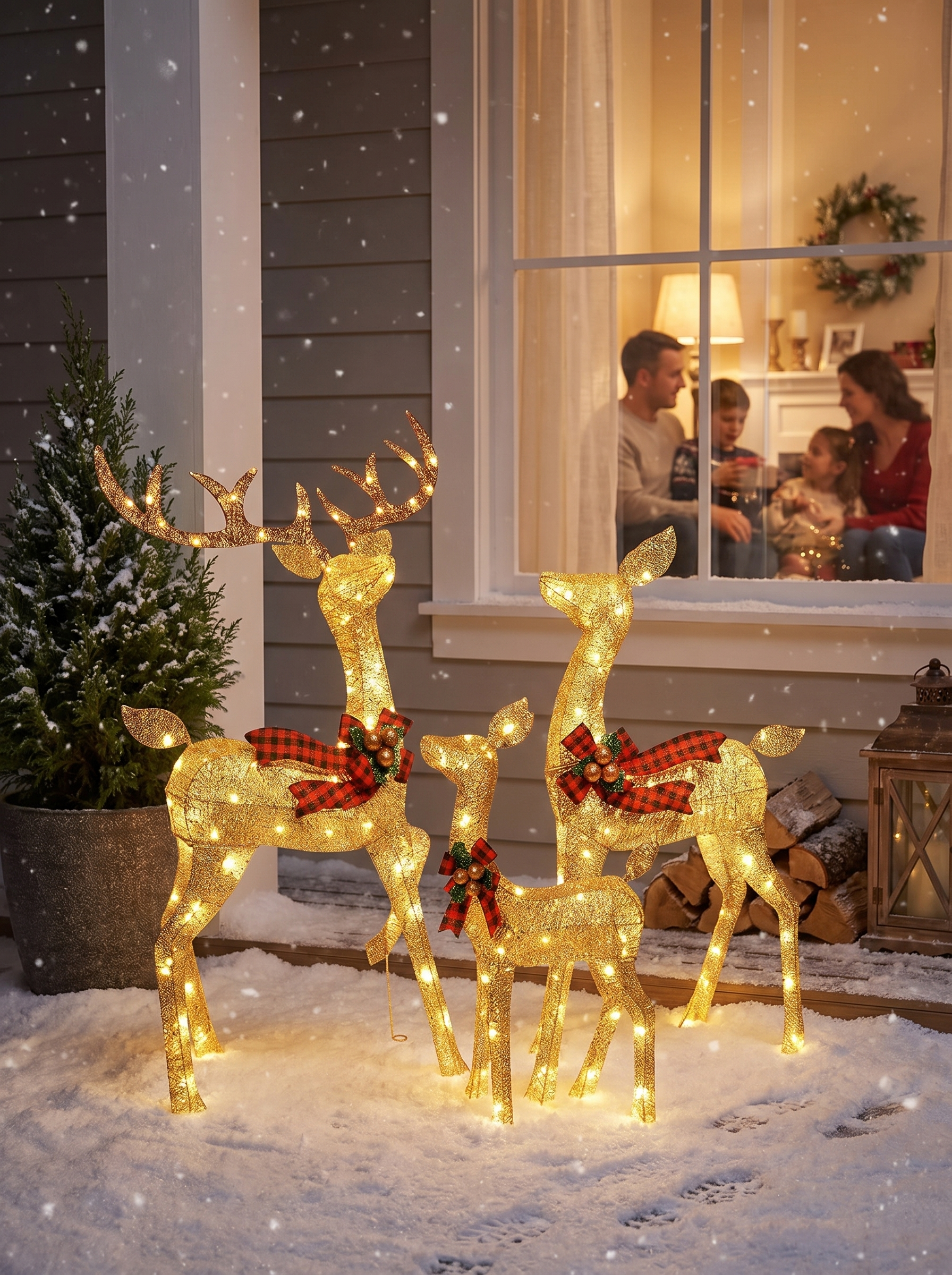 Lighted reindeer family of three arranged on a front lawn