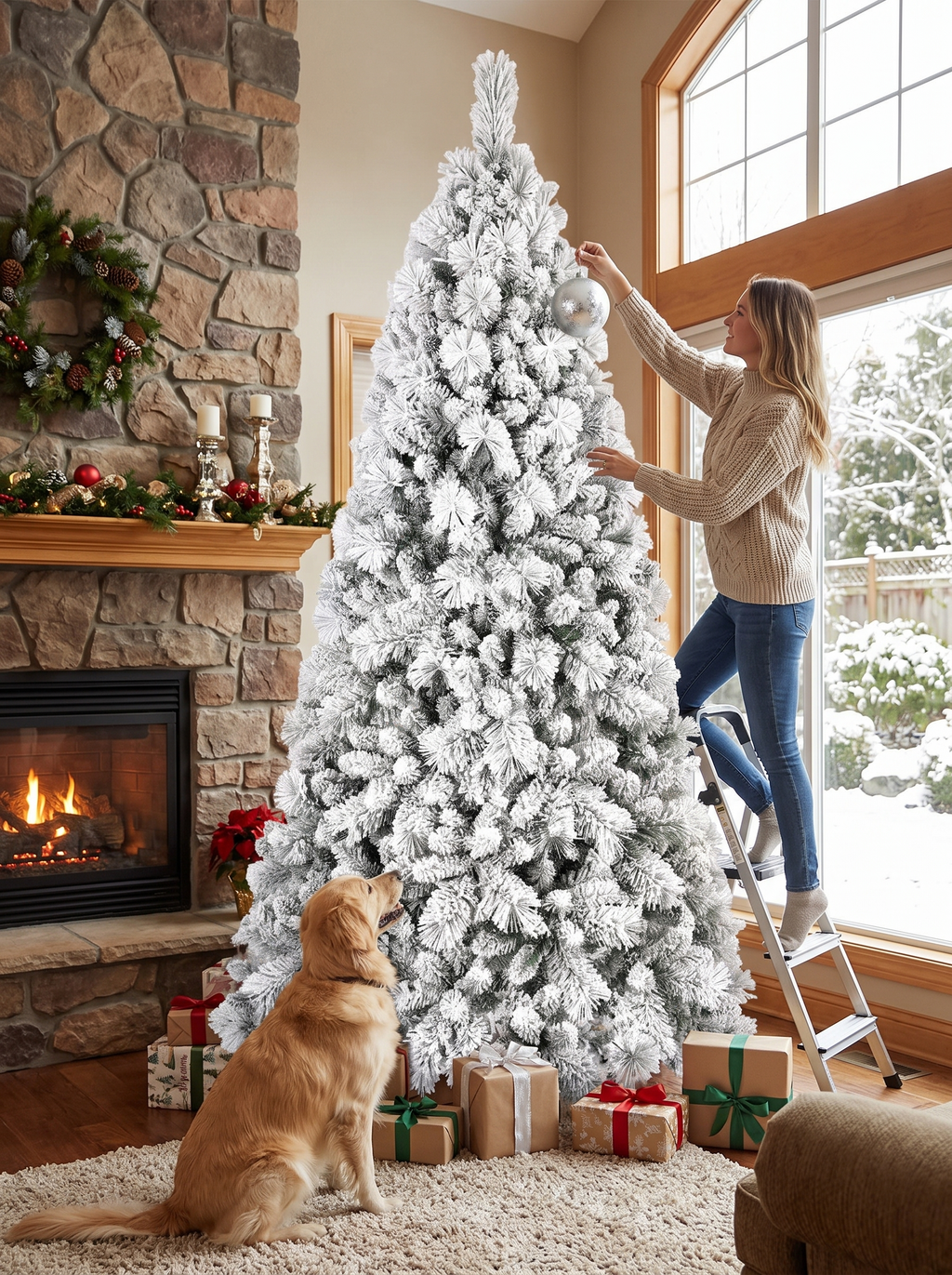 Nine foot flocked Christmas tree in a tall room