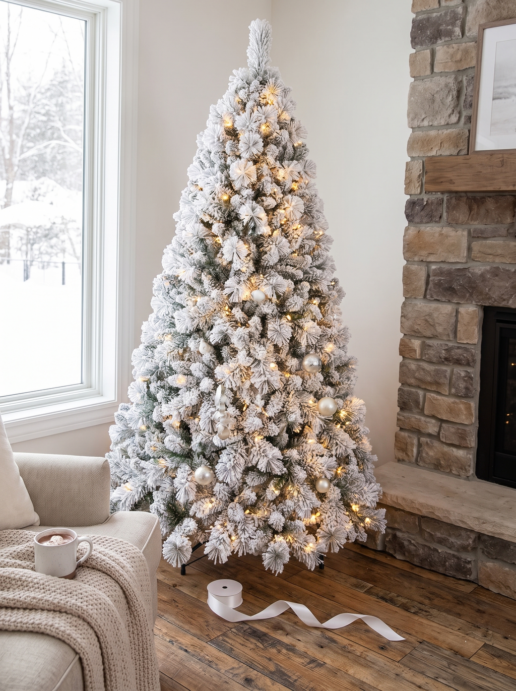 Snowy flocked tree decorated simply with warm white lights