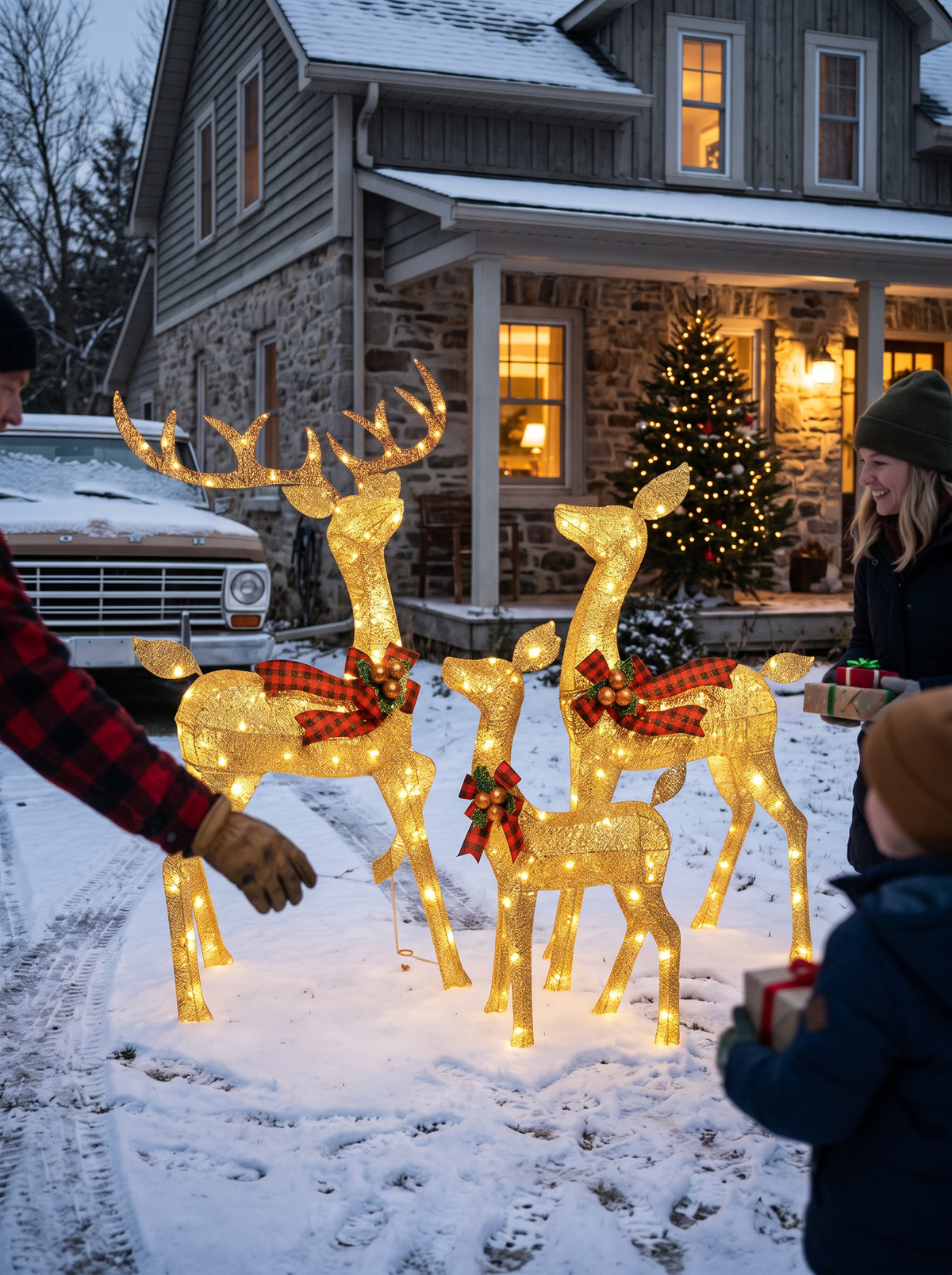Lighted deer display seen from the road at dusk
