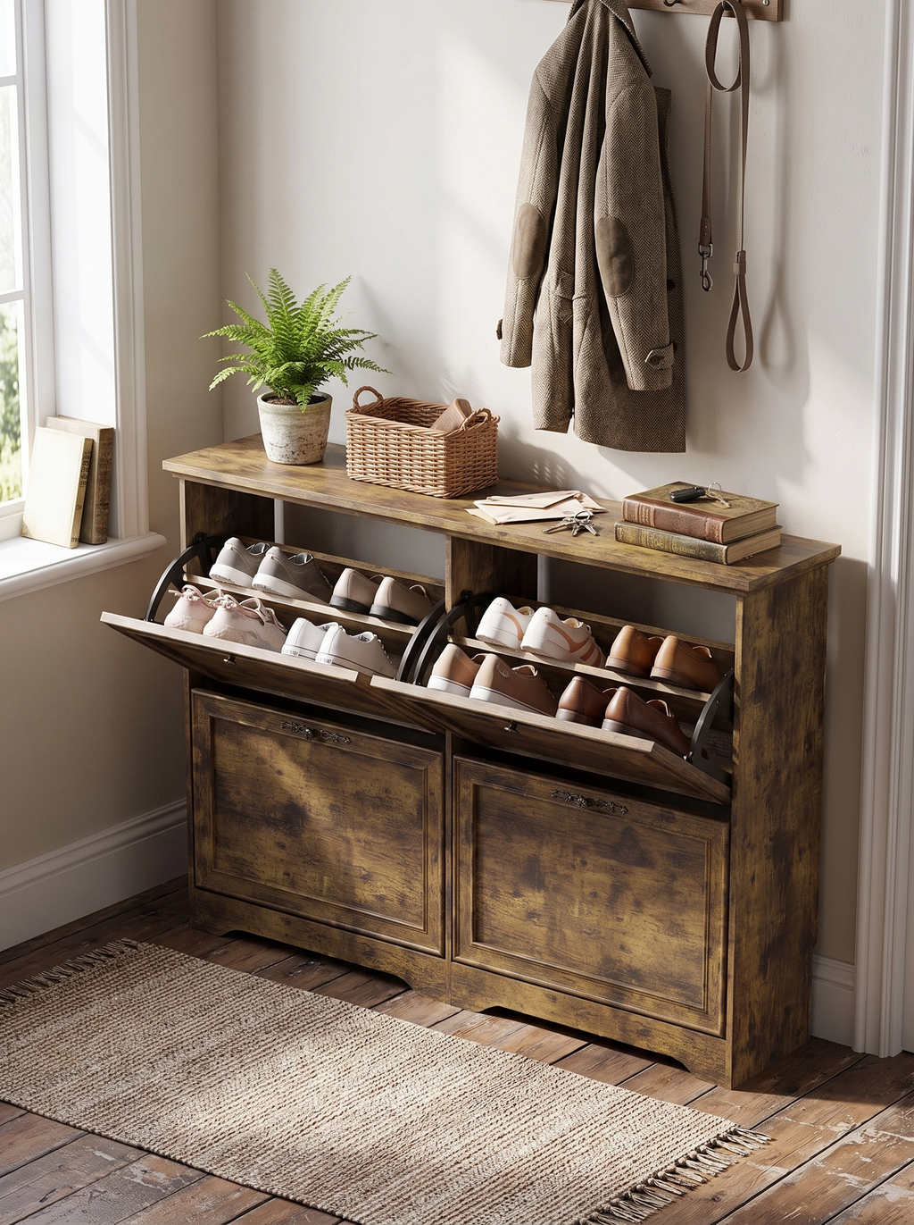 Adjustable shelves inside a shoe cabinet holding boots and trainers