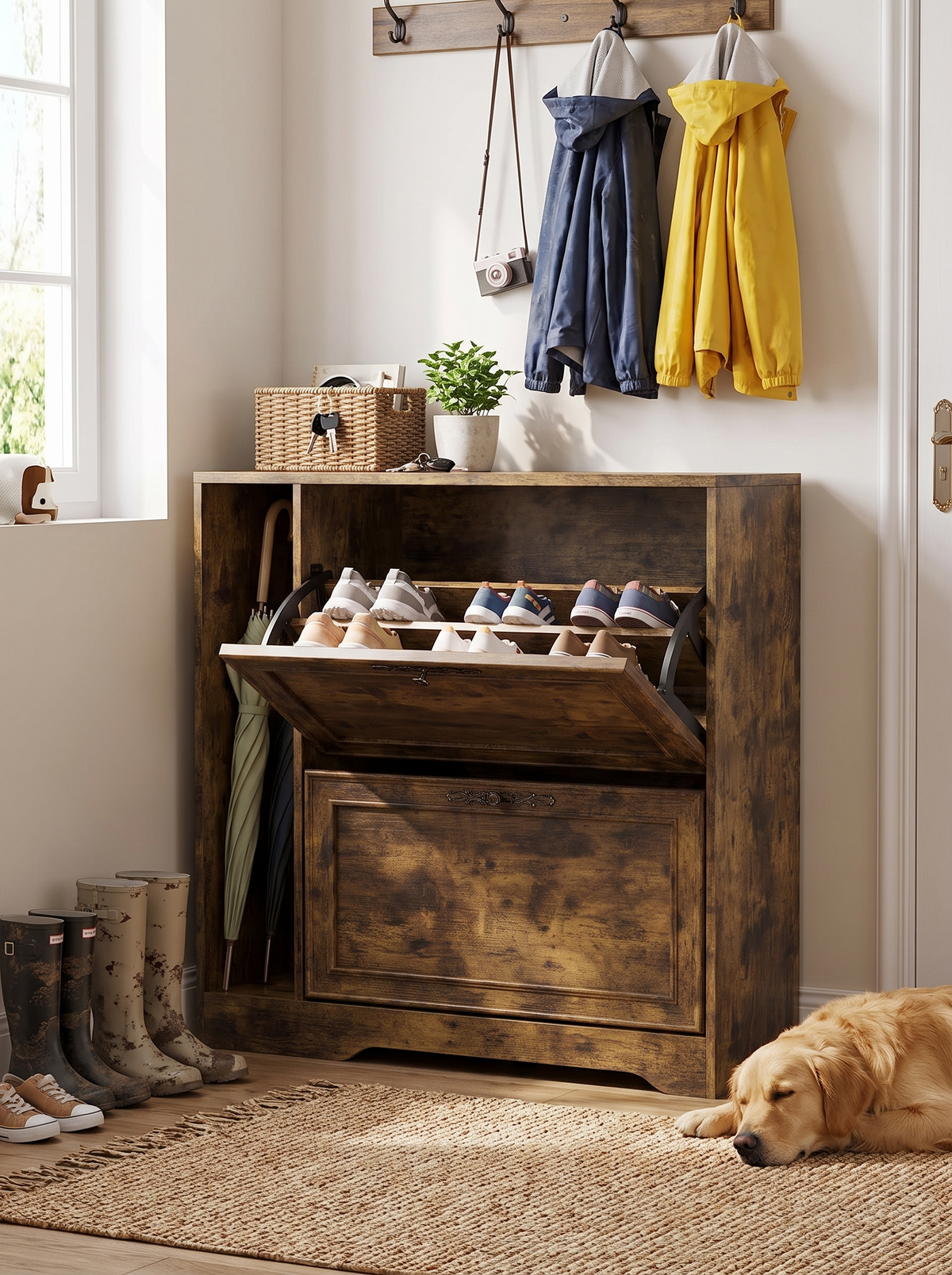 Closed shoe cabinet keeping footwear out of sight at a front door