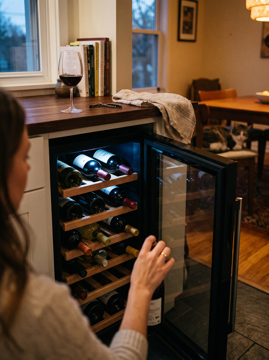 Compact wine cooler holding twelve bottles