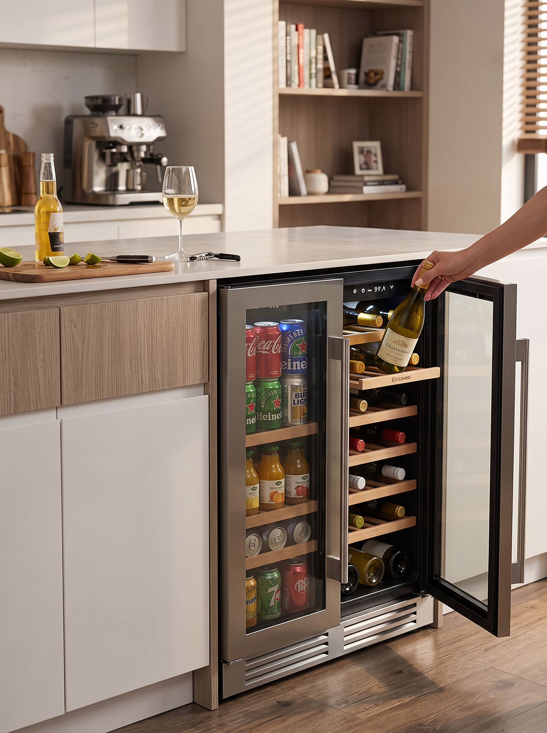 Wine and beverage fridge fitted into a cabinet run