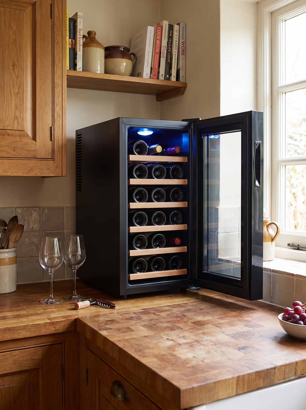 Small wine cooler on a kitchen counter