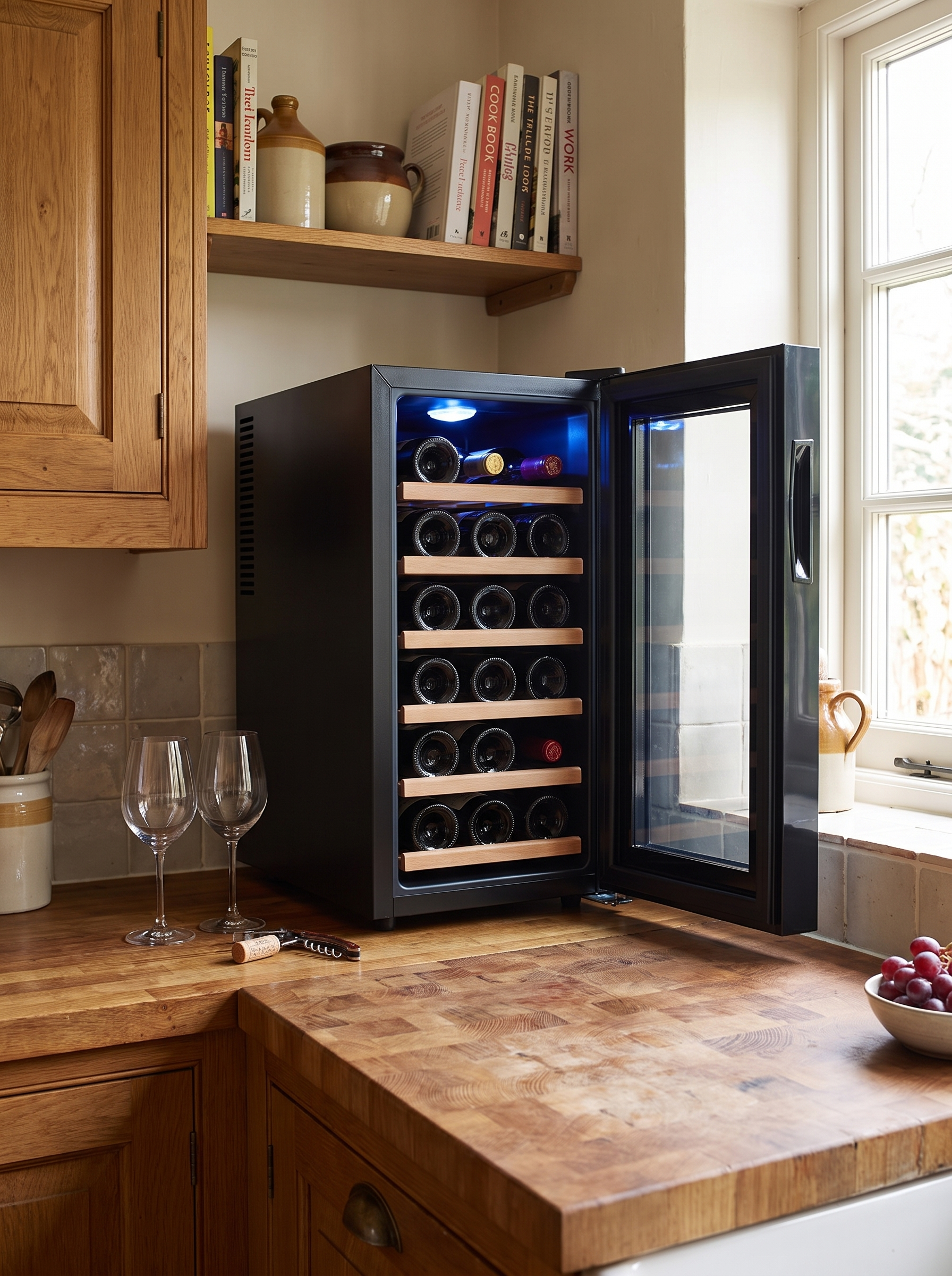 Small wine cooler on a kitchen counter