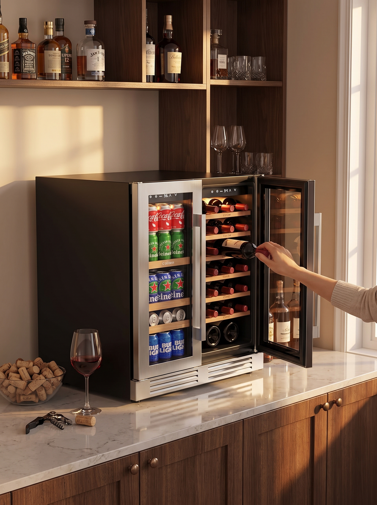 Dual zone fridge holding wine and cold drinks