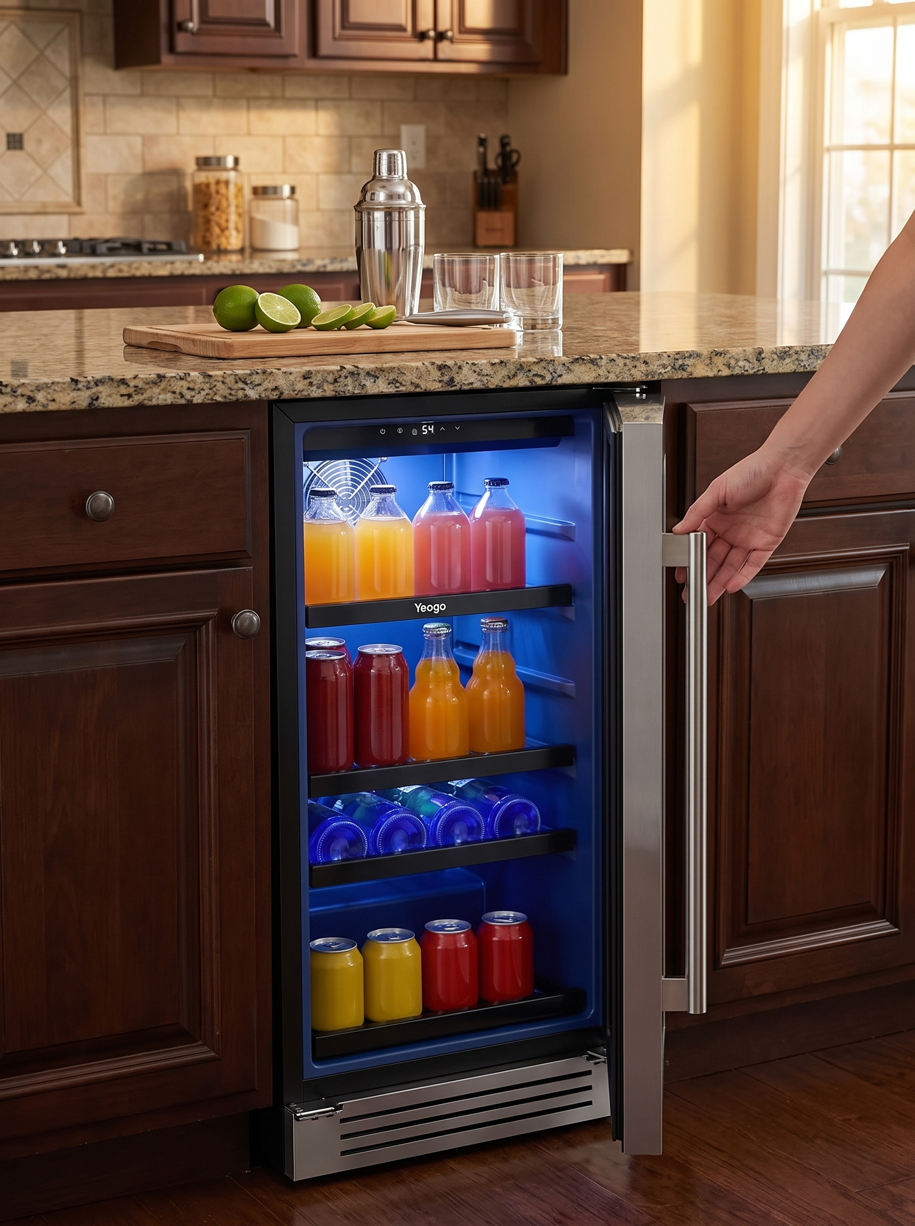 Beverage cooler installed under a kitchen counter