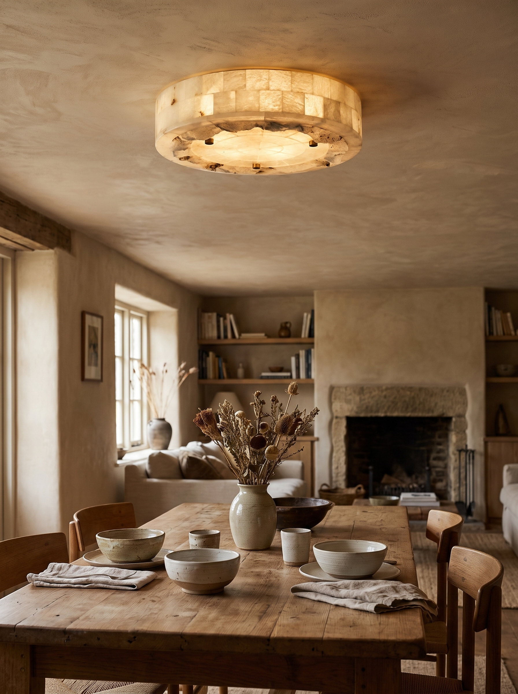 GOODNEST GESSO assembled alabaster ceiling light in a hallway