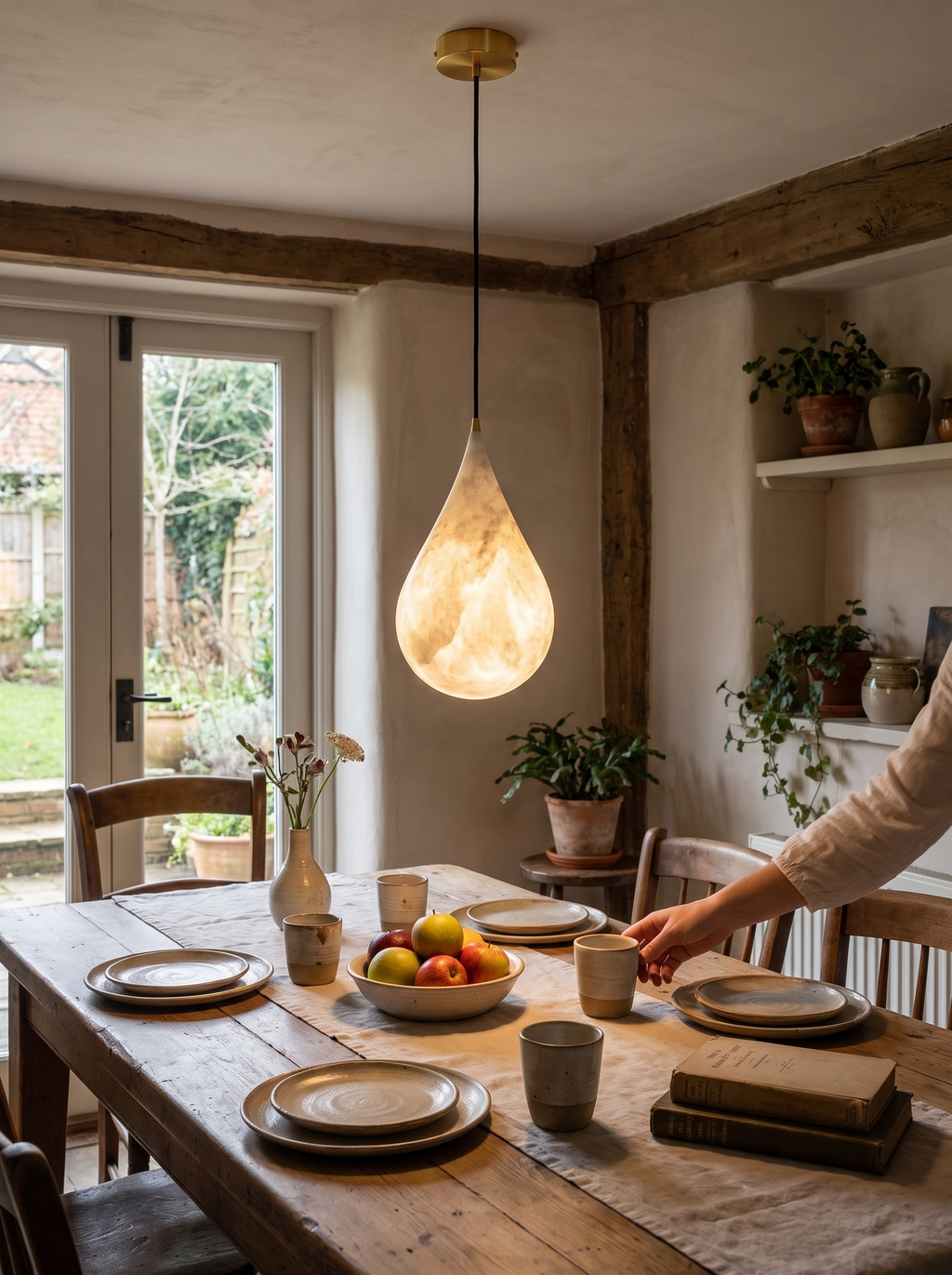 GOODNEST LUMINA alabaster teardrop pendant above a small table