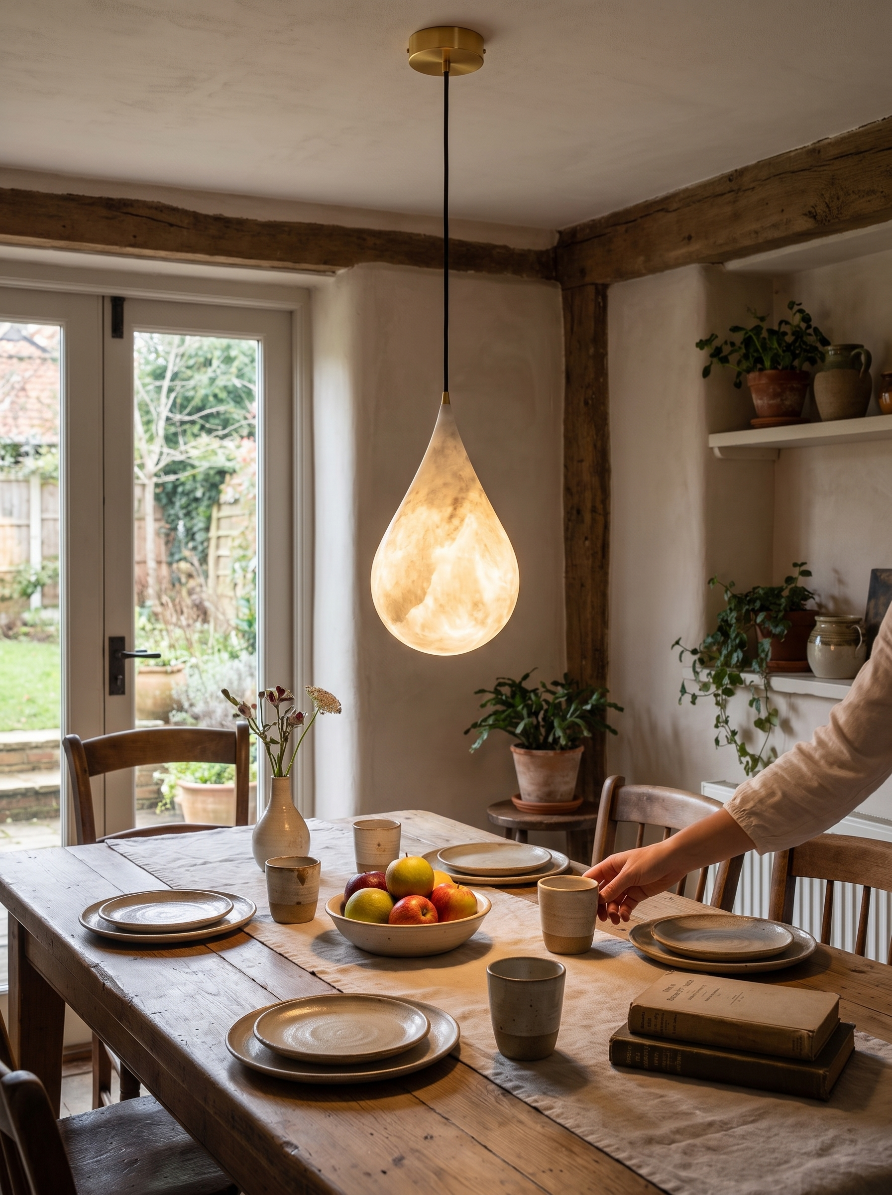 GOODNEST LUMINA alabaster teardrop pendant above a small table