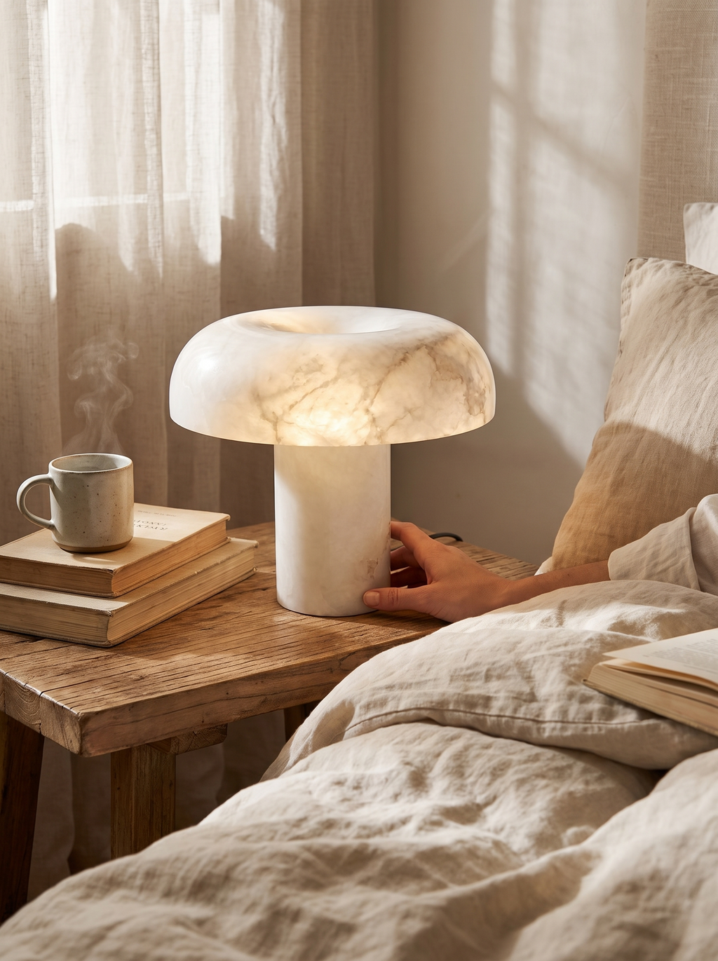 GOODNEST BLOOM light glowing through the whole stone lamp