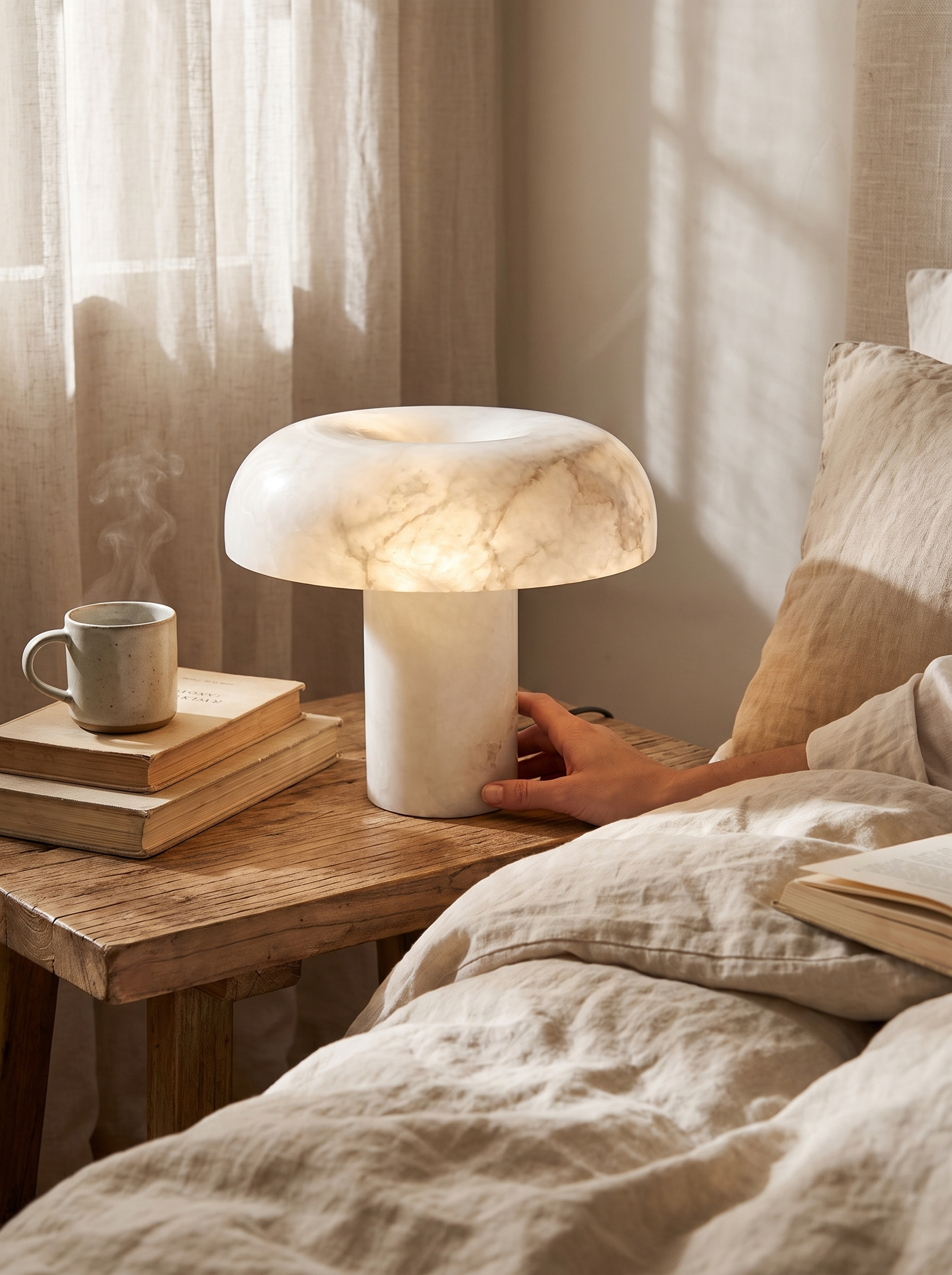GOODNEST BLOOM light glowing through the whole stone lamp