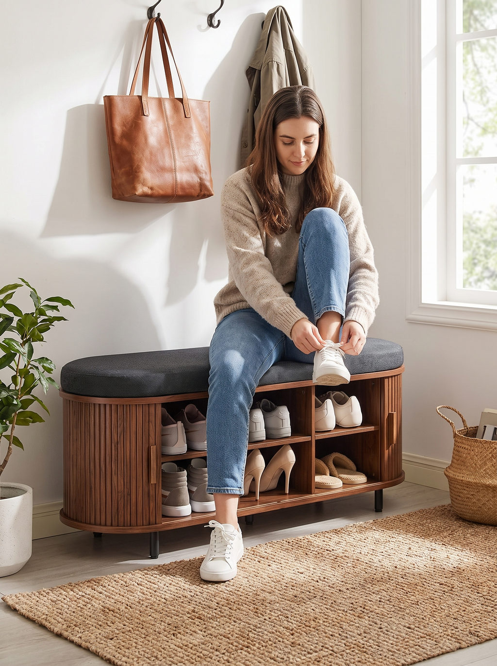 Person sitting on a cushioned shoe storage bench to change shoes