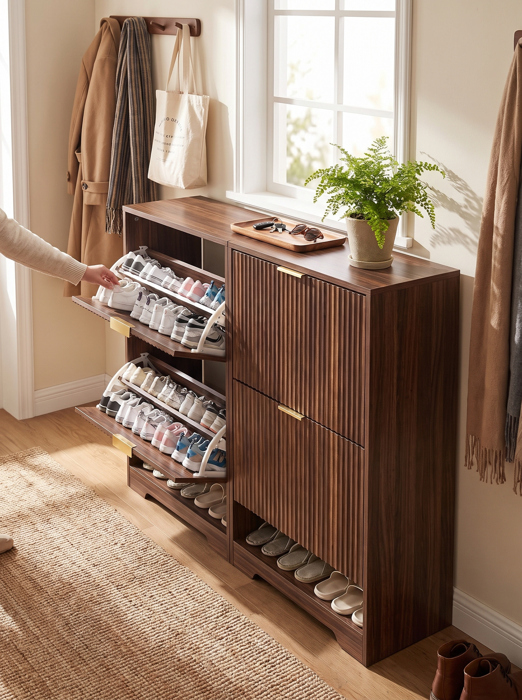 Open shelf on a fluted shoe cabinet holding keys and shoes